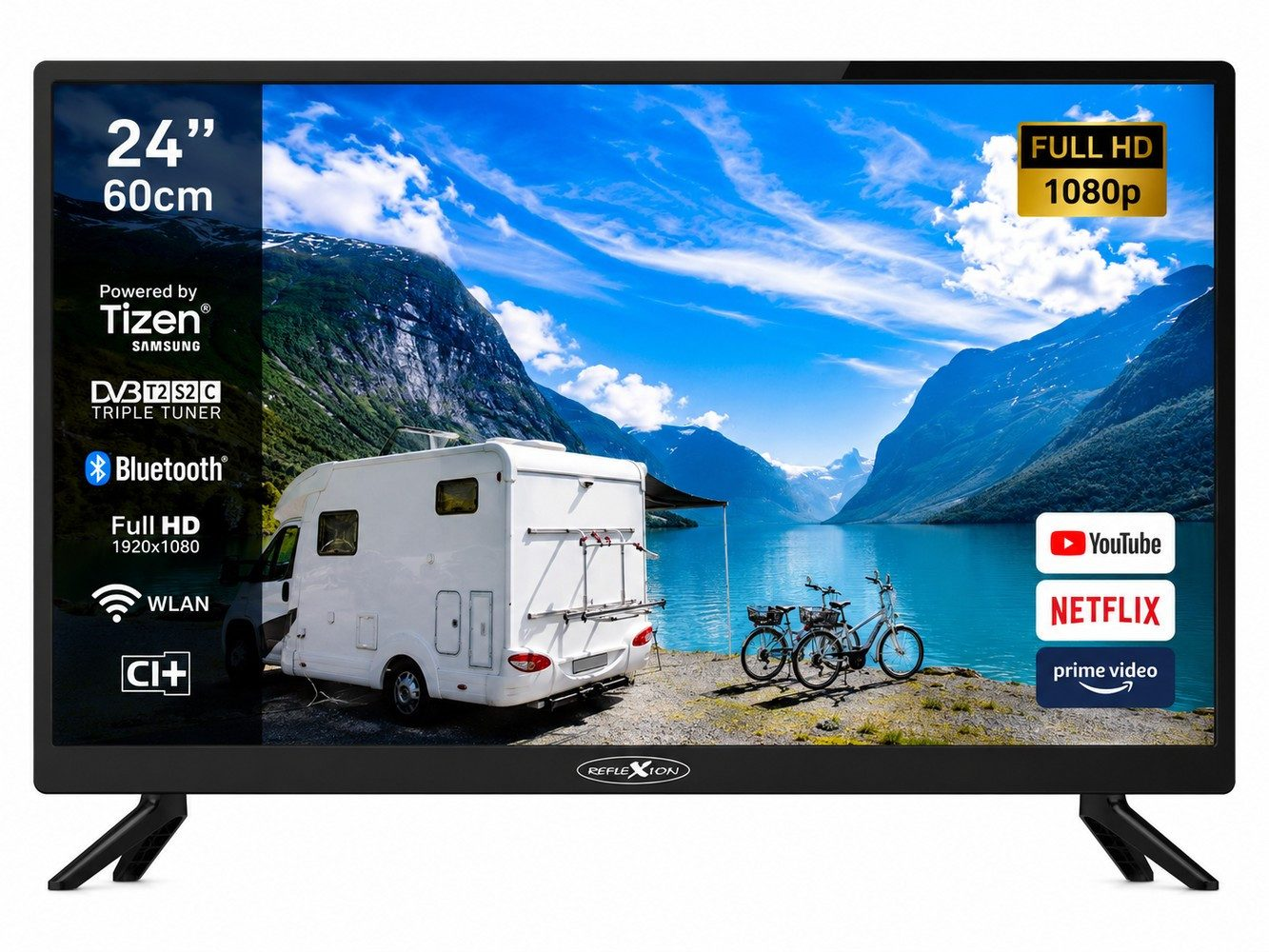 Ein 24-Zoll-Fernseher zeigt eine Wohnmobil-Landschaft mit Bergen und See sowie App-Logos.