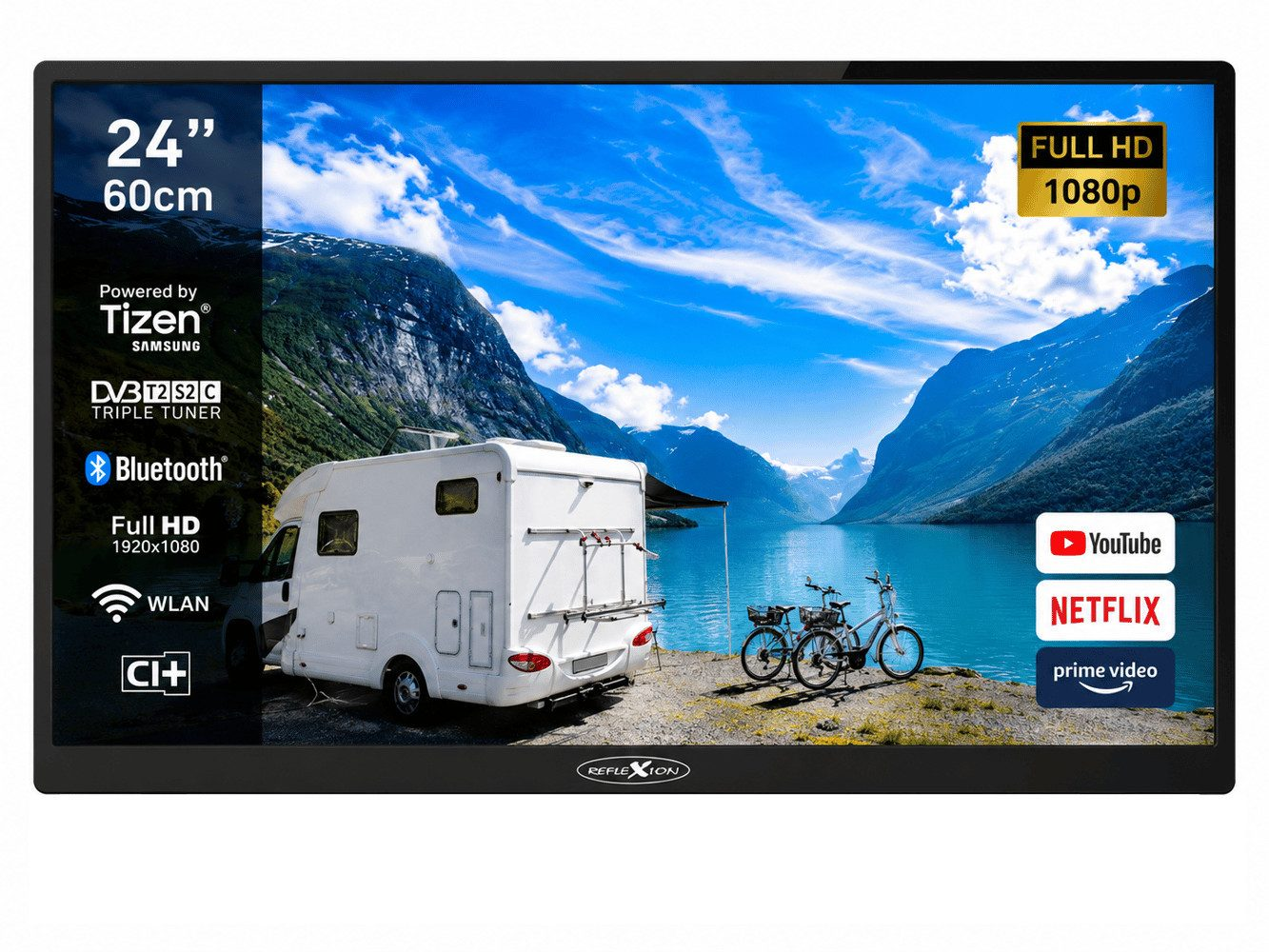 Ein 24-Zoll-Fernseher zeigt einen Wohnmobil am See mit Bergen und Infotexten.