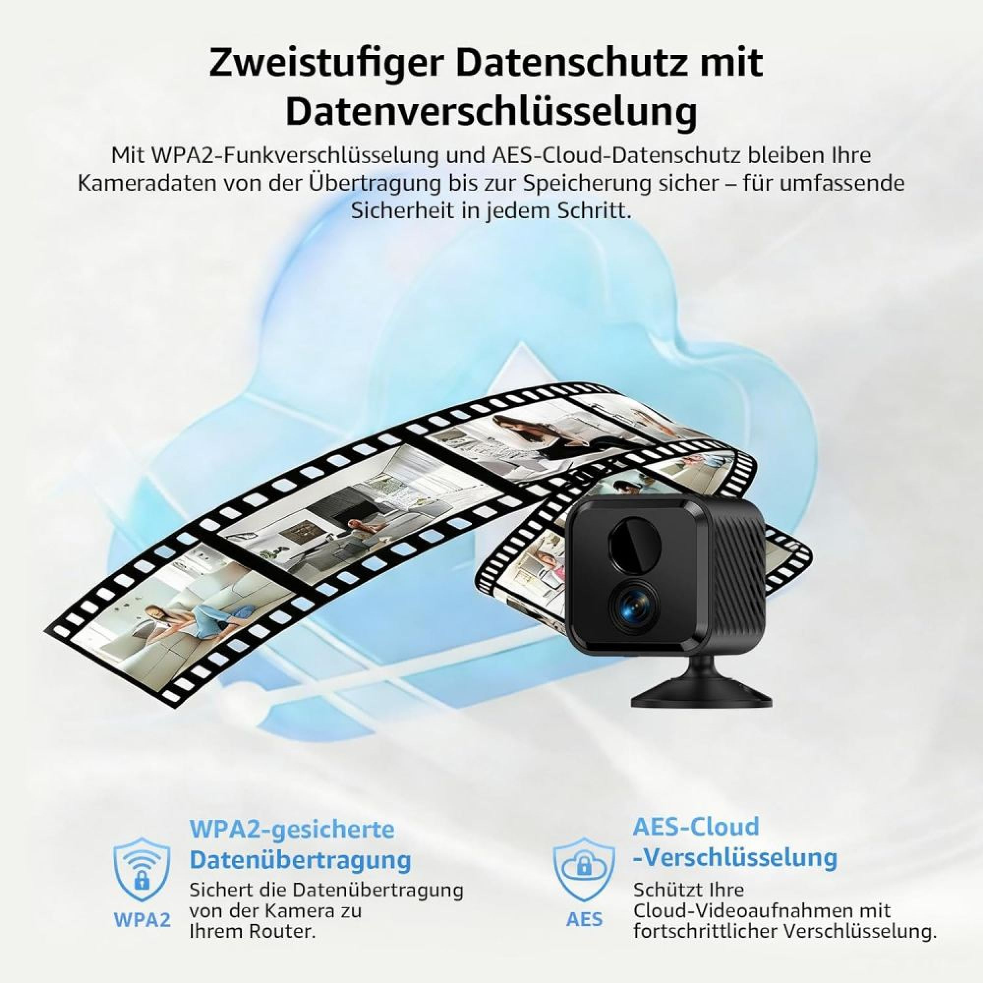 Sicherheitskamera mit WPA2- und AES-Verschlüsselung auf blauem Hintergrund mit Text.