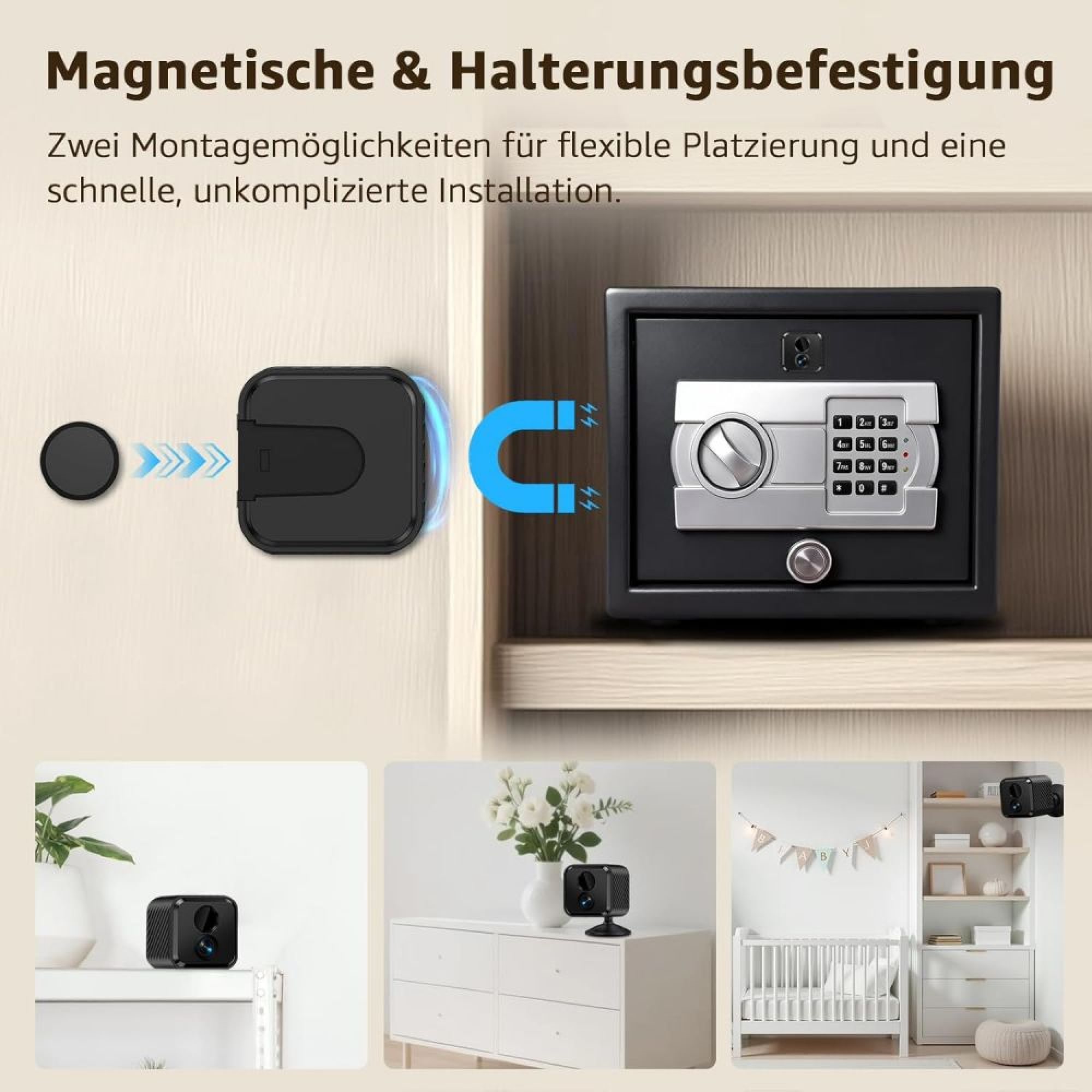Grafik zur magnetischen und Halterungsbefestigung eines kleinen Safes mit Ziffernblock und drei Anwendungsbeispielen.