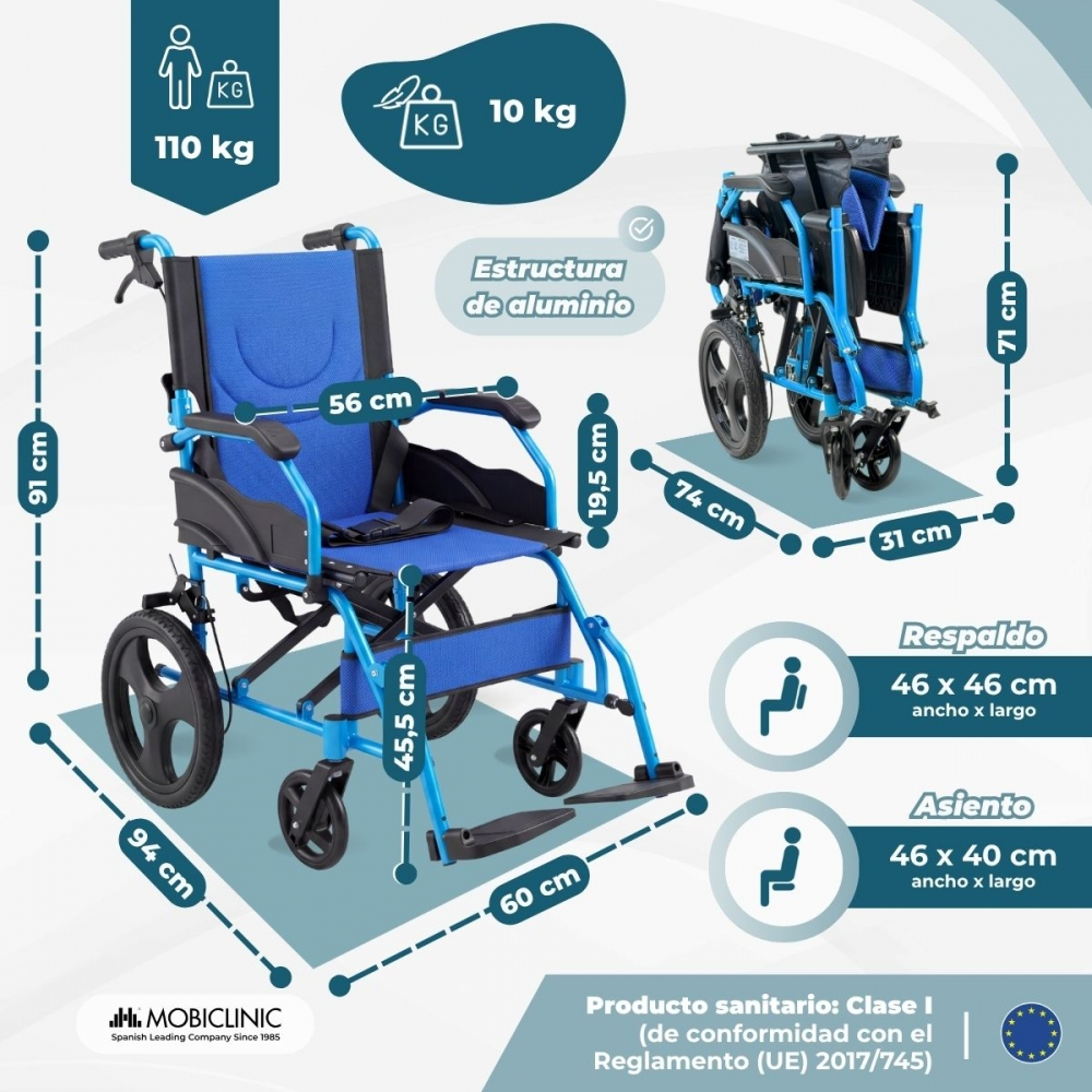 Silla de ruedas de aluminio azul y negra con indicadores de medida, datos técnicos y vista plegada.