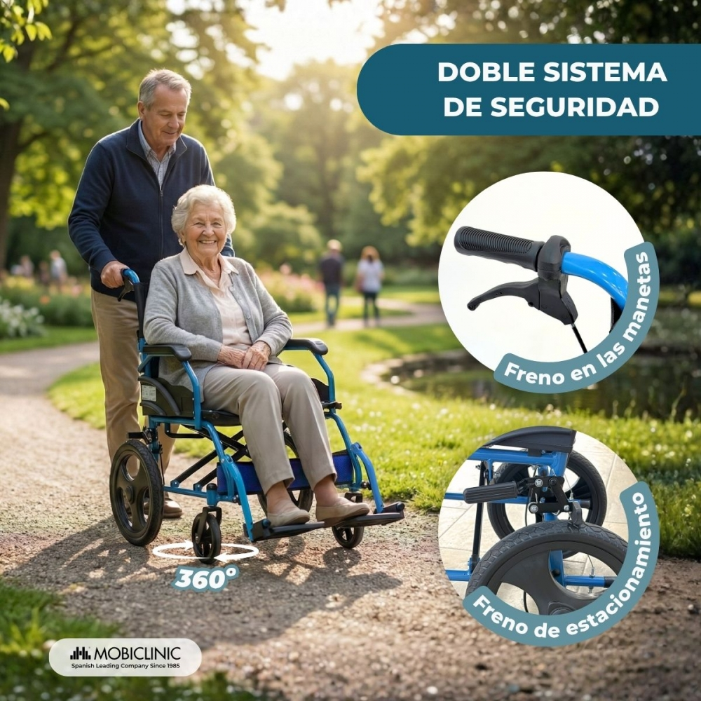 Un anciano empuja a una mujer en silla de ruedas en un parque, con detalles de frenos.