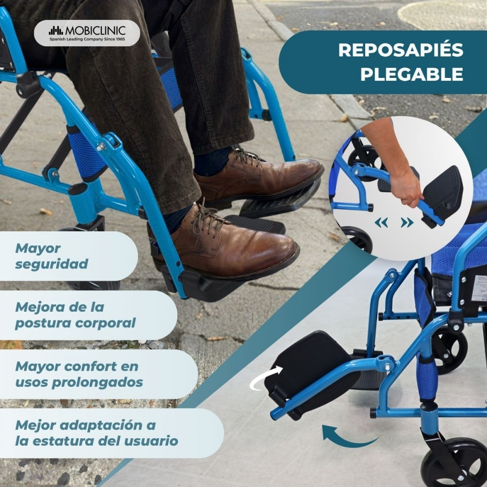 Reposapiés azul de silla de ruedas Mobiclinic con piernas y texto.