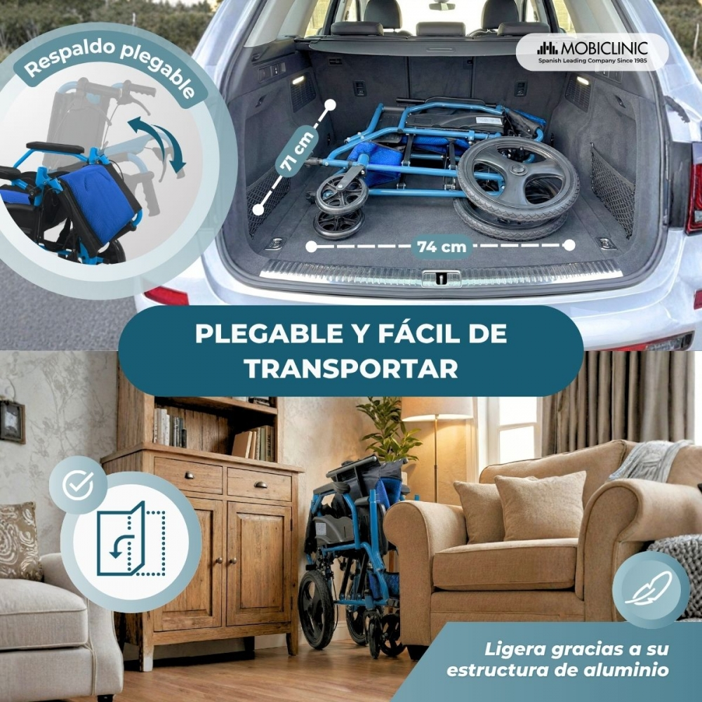 Una silla de ruedas plegable azul en el maletero de un coche y en una sala de estar.