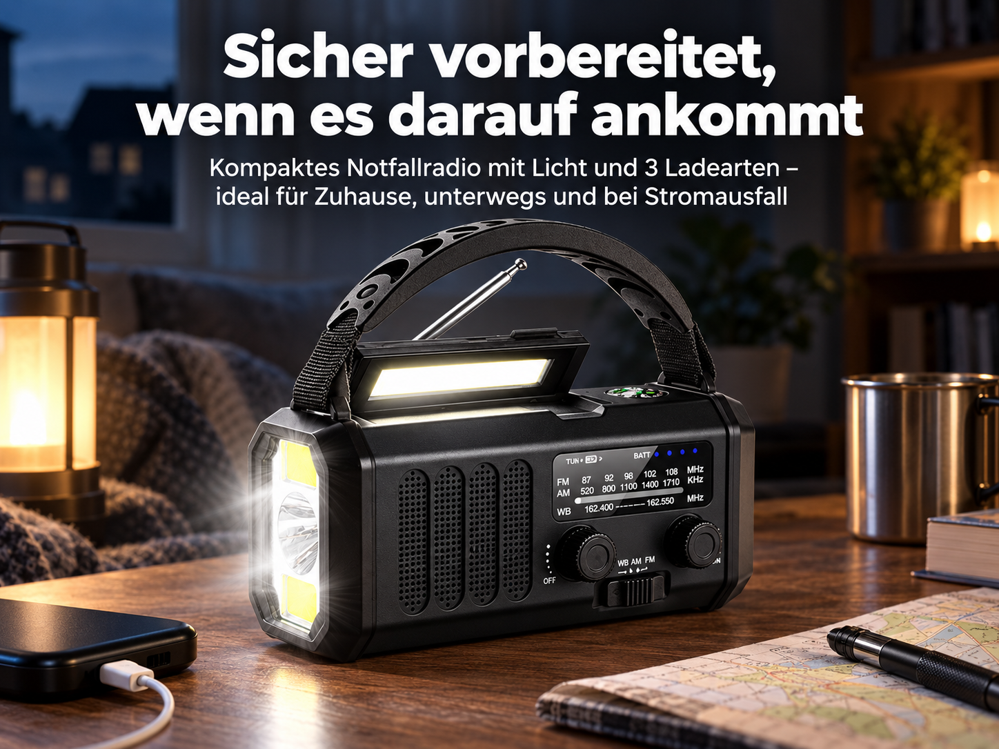 Schwarzes Notfallradio mit integrierter LED-Taschenlampe und Beleuchtung auf einem Holztisch.