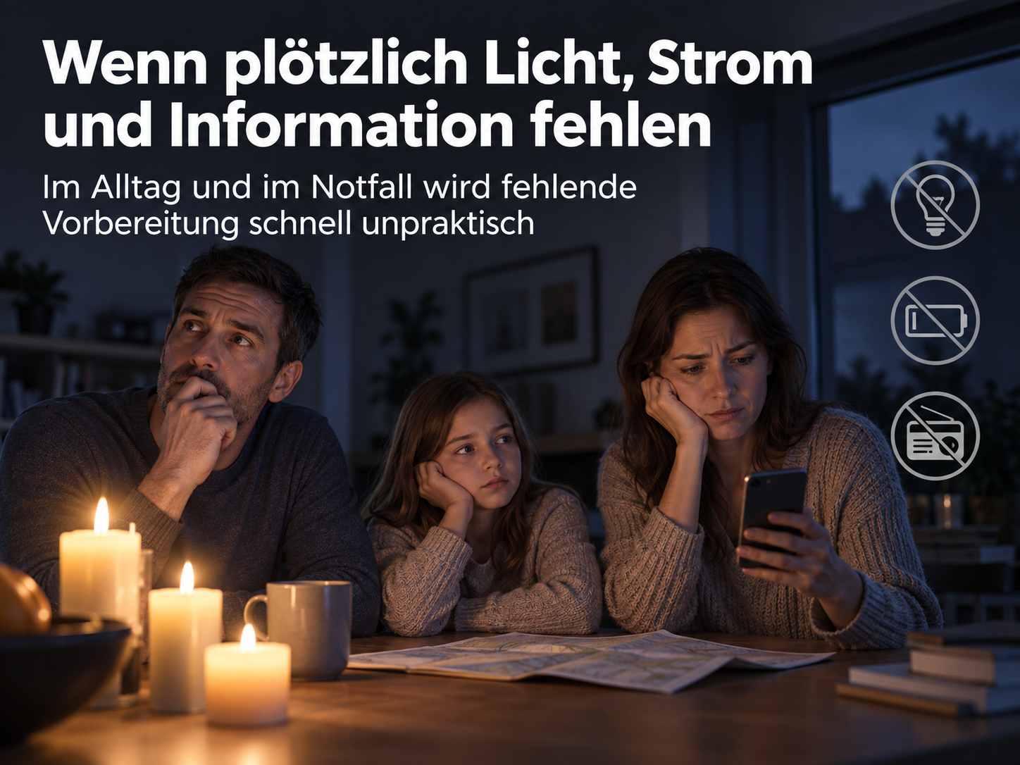 Eine Familie sitzt besorgt bei Kerzenschein an einem Tisch, da Strom und Licht ausgefallen sind.