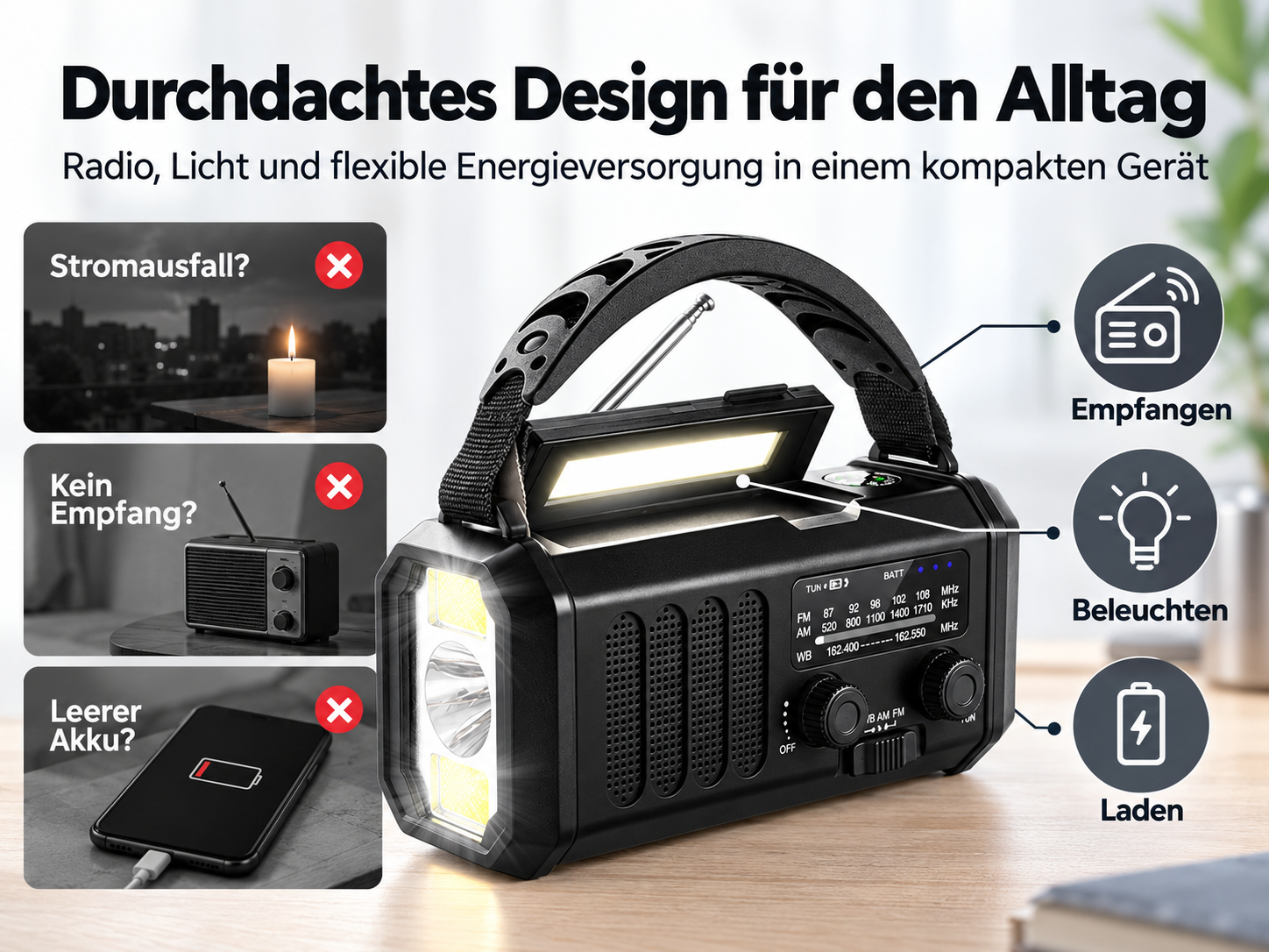 Ein multifunktionales Notfallradio mit Licht, Handgriff und Ladefunktion auf Holztisch.