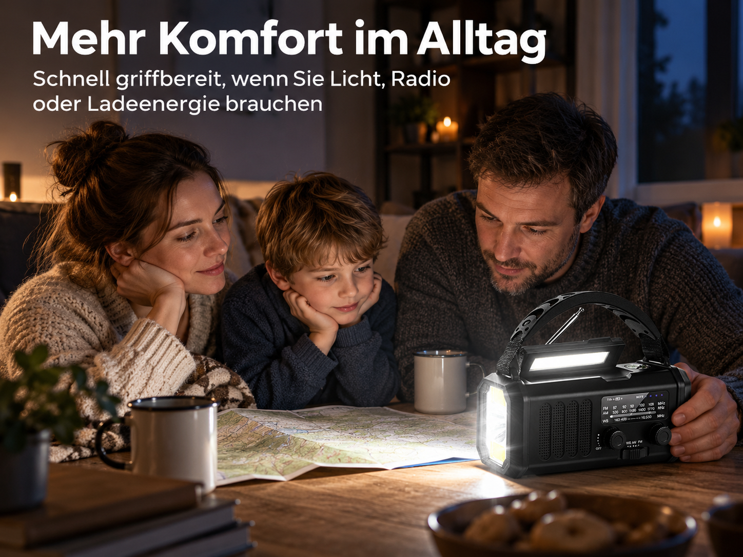 Eine Familie sitzt abends an einem Tisch und schaut auf eine Karte, beleuchtet von einem multifunktionalen Radio mit Lampe.