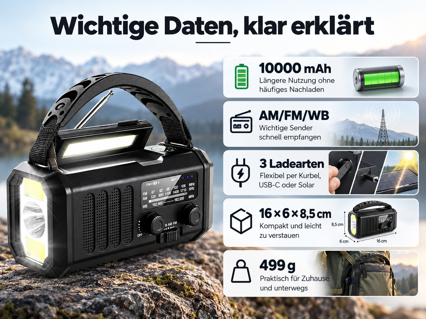 Ein schwarzes Notfallradio mit LED-Taschenlampe, Kurbel und Solarpanel vor einer Bergkulisse.