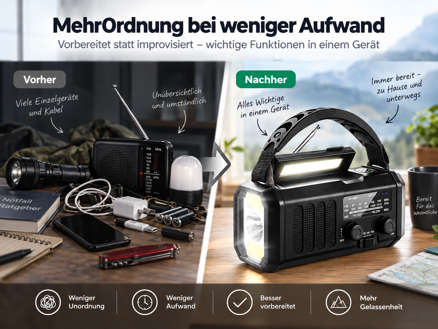 Vergleich von Chaos mit vielen Geräten links und einem kompakten All-in-One-Gerät mit Radio und Lampe rechts.