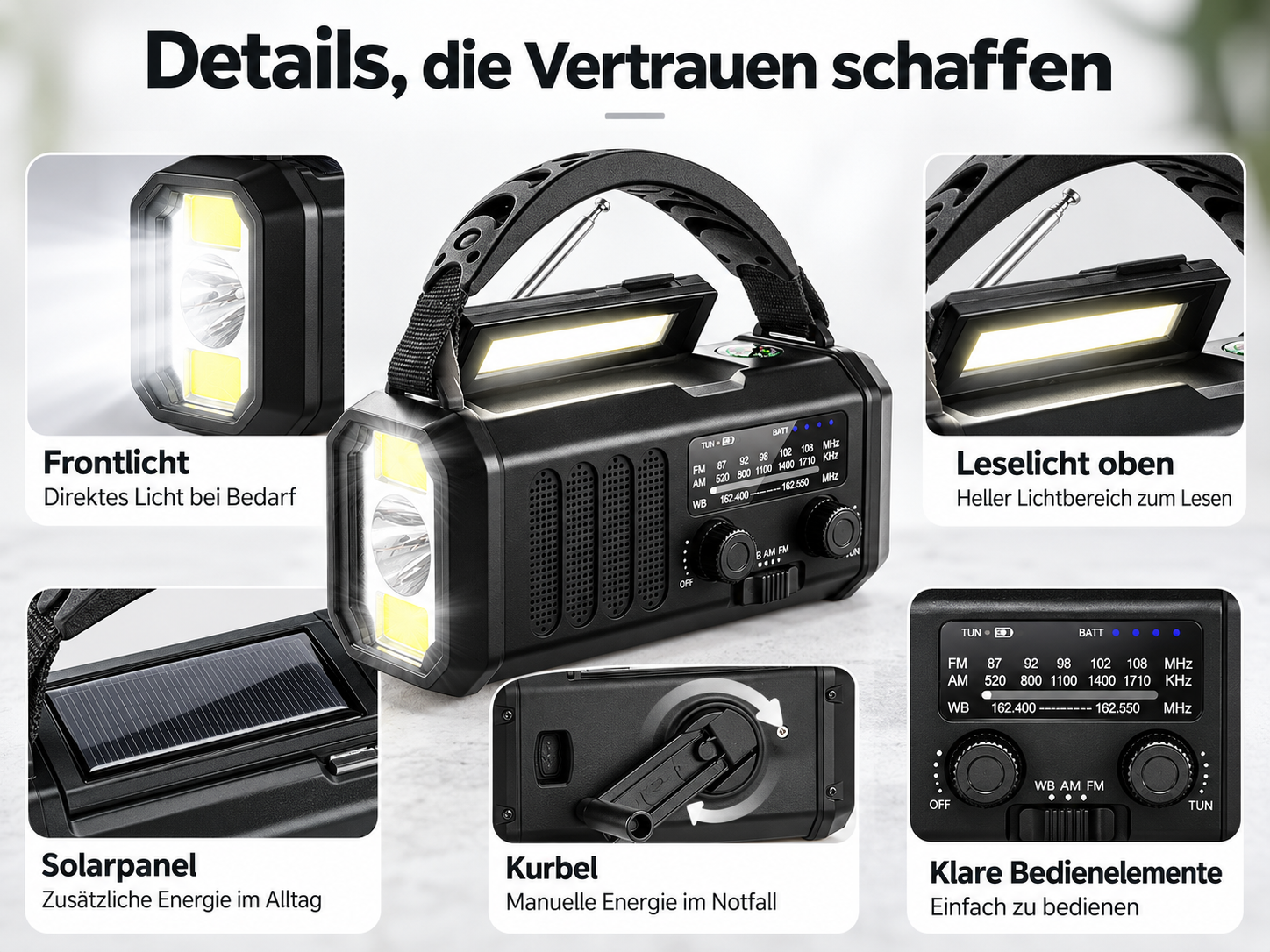 Eine schwarze Notfallkamera mit Solarpanel, Kurbel, LED-Licht und Radio-Display sowie Detailansichten.
