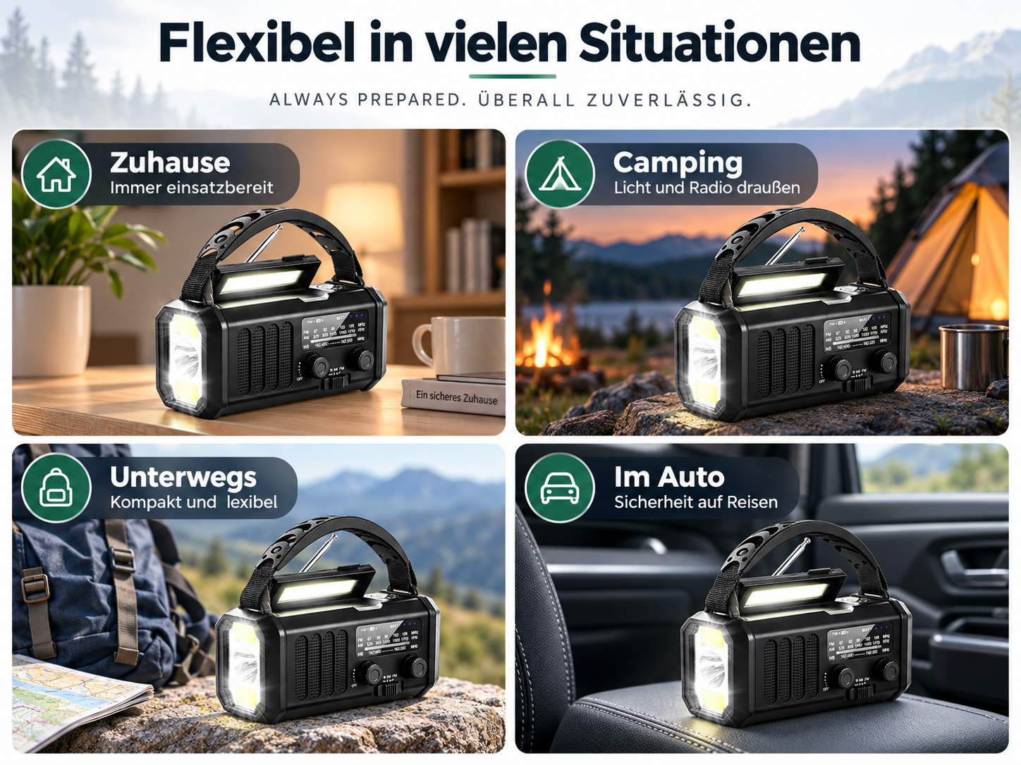 Ein schwarzes Notrufradio mit Taschenlampe wird in vier Szenarien gezeigt: Zuhause, Camping, unterwegs und im Auto.