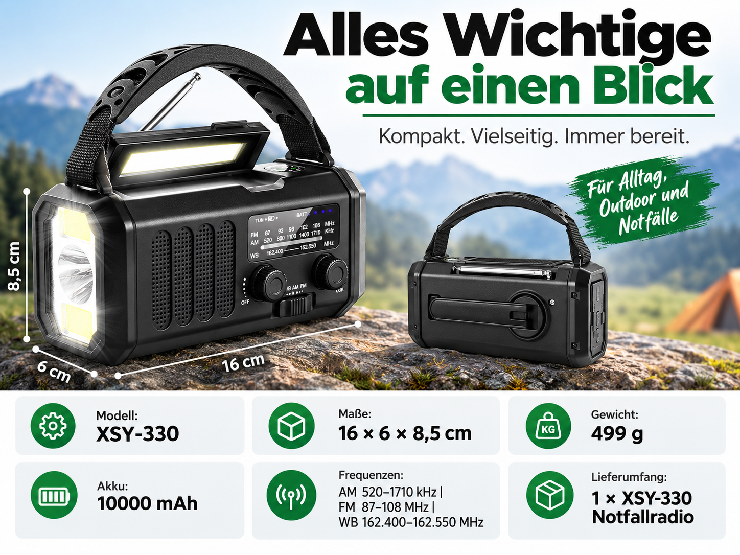 Schwarzes XSY-330 Notfallradio mit LED-Licht, Antenne und Tragegurt auf felsigem Hintergrund.