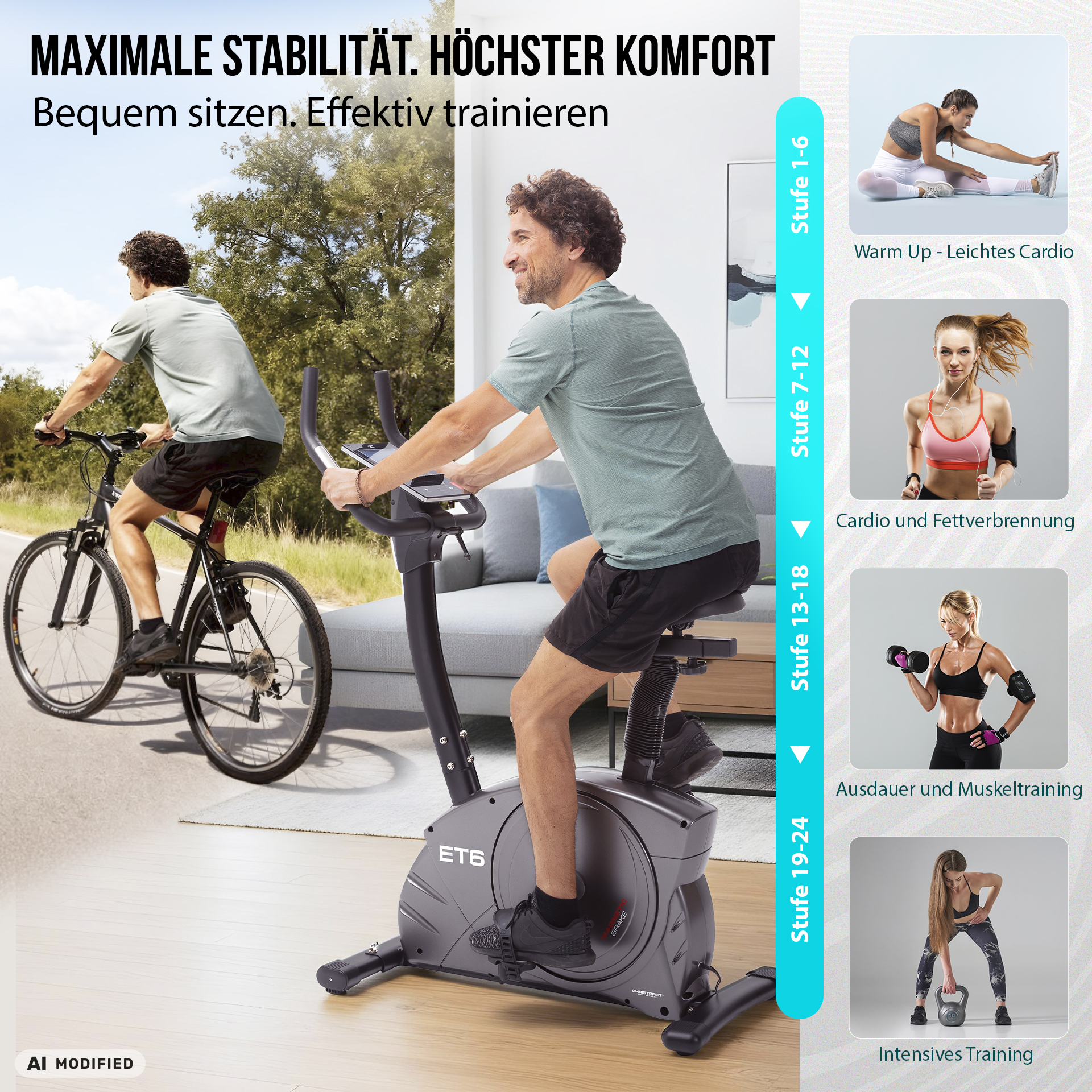 Ein Mann trainiert auf einem Heimtrainer in einem Wohnzimmer, begleitet von Beispielen für verschiedene Trainingsstufen.