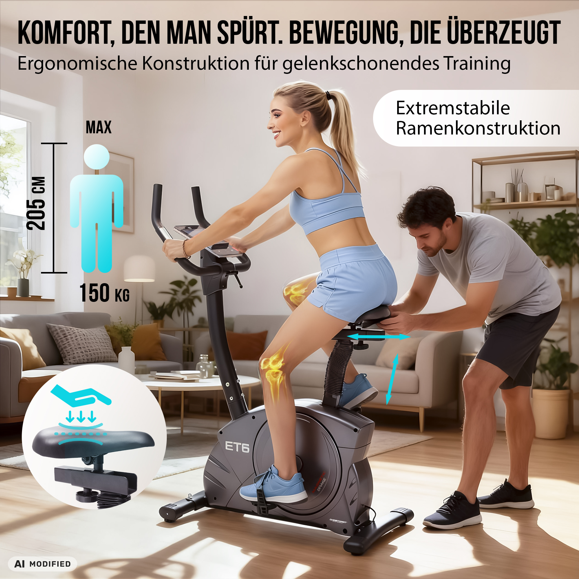 Eine blonde Frau trainiert auf einem Heimtrainer in einem Wohnzimmer, unterstützt von einem Mann.