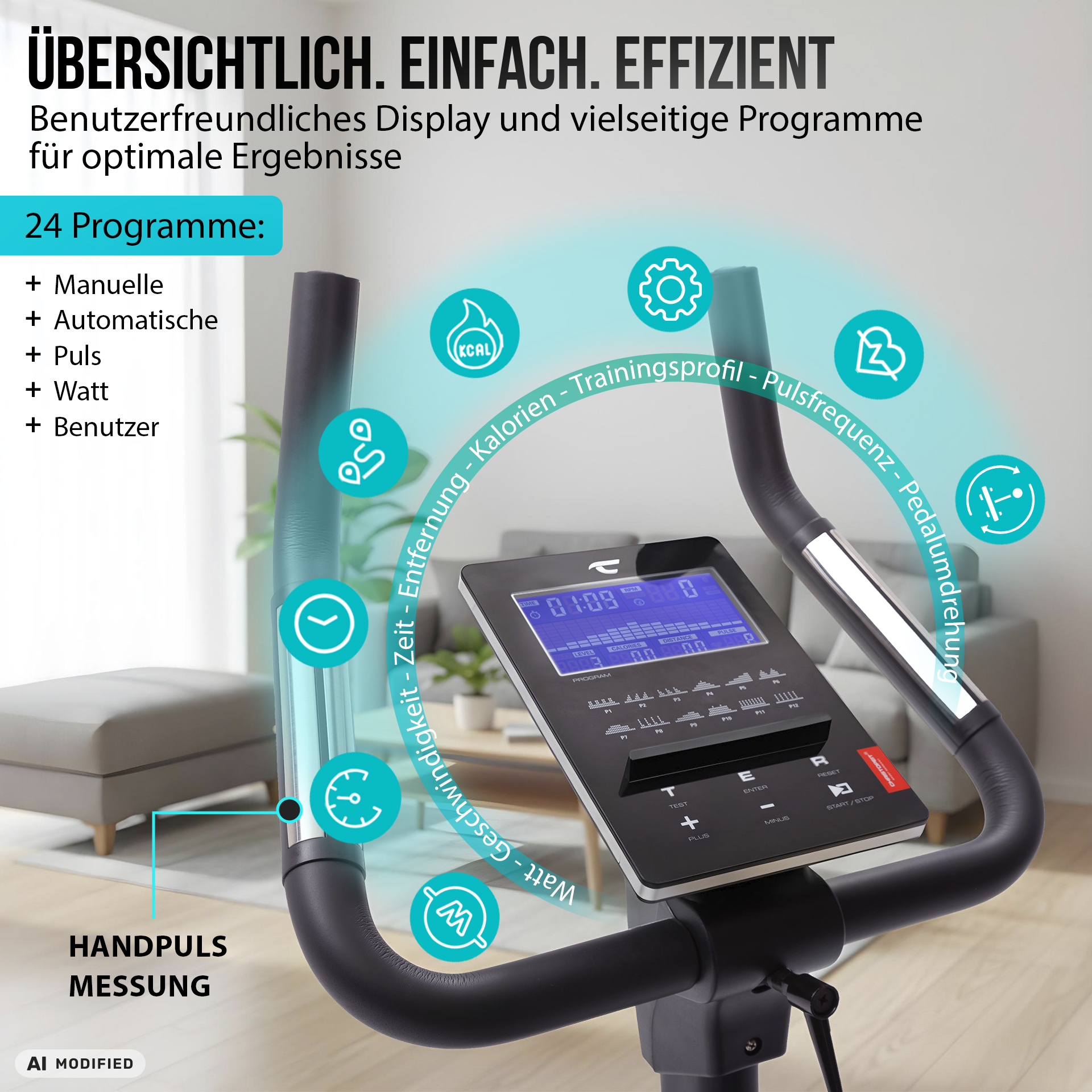 Heimtrainer-Display mit Handpulsmessung und umlaufenden Programmsymbolen im Wohnzimmer.
