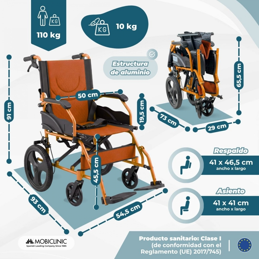 Una silla de ruedas de aluminio plegable con asiento naranja y medidas en infografía.