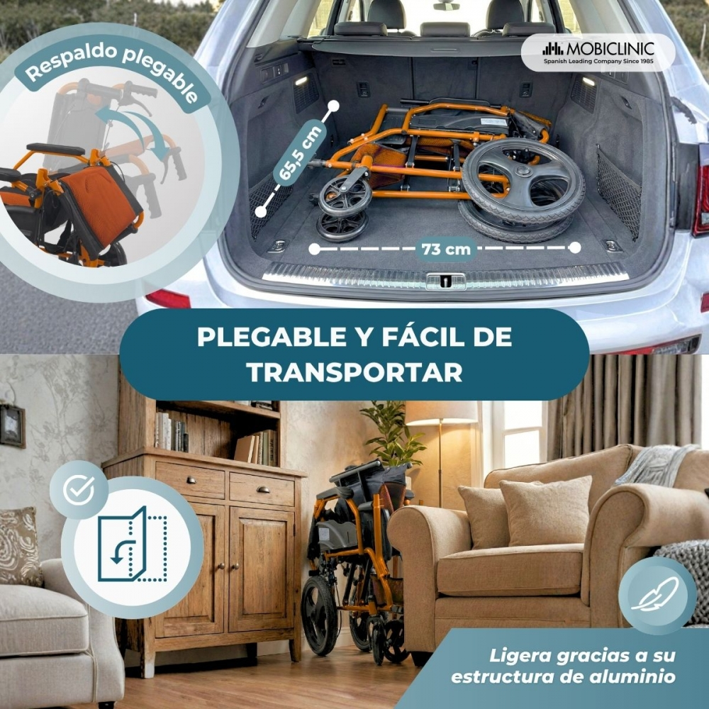 Una silla de ruedas plegable naranja y negra cabe en el maletero y en la sala.