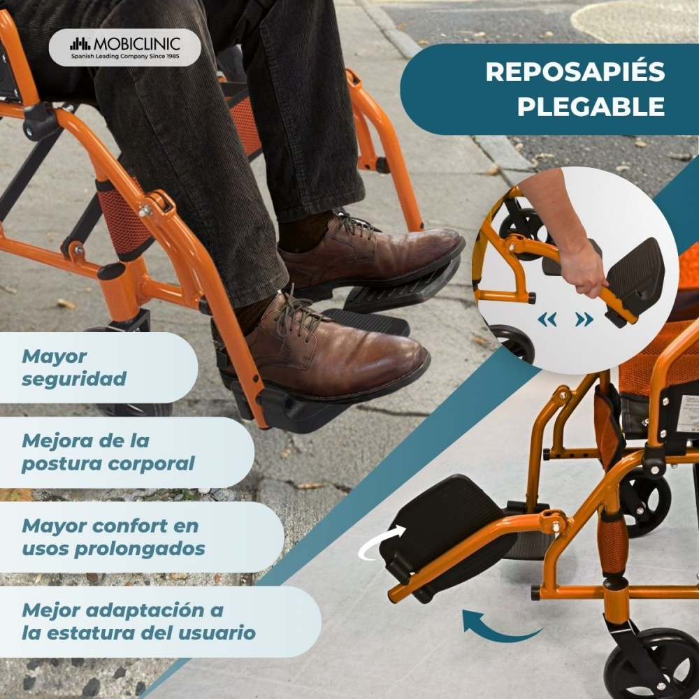 Una silla de ruedas naranja con los pies de una persona en los reposapiés plegables y texto.