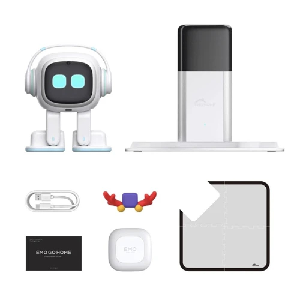 Kulaklıklı beyaz EMO robot, şarj istasyonu, kablo, aksesuarlar, kılavuz ve beyaz arka planda paspas.