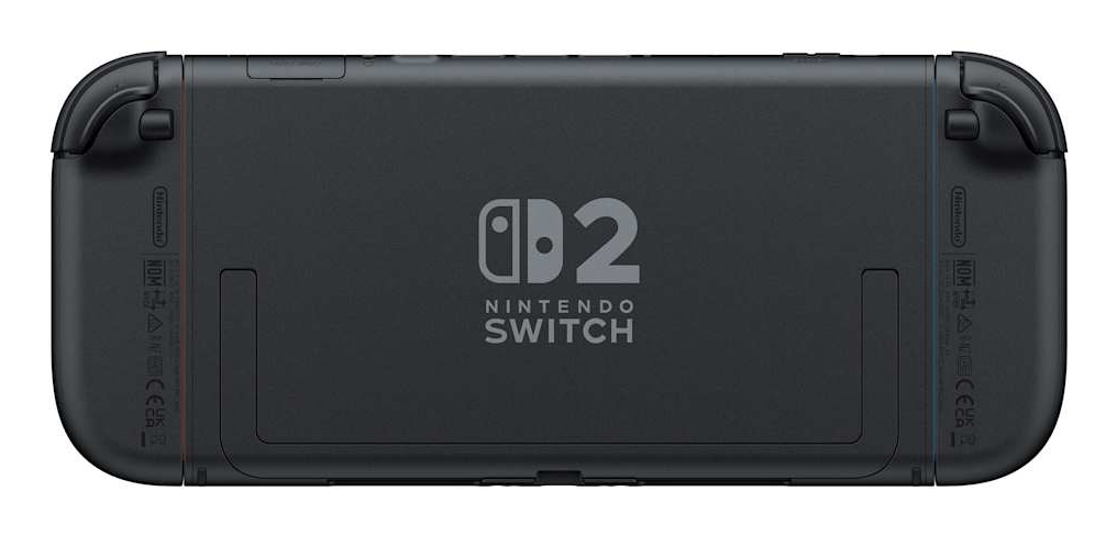 Entegre stant ve logolara sahip siyah bir Nintendo Switch konsolunun arkası.