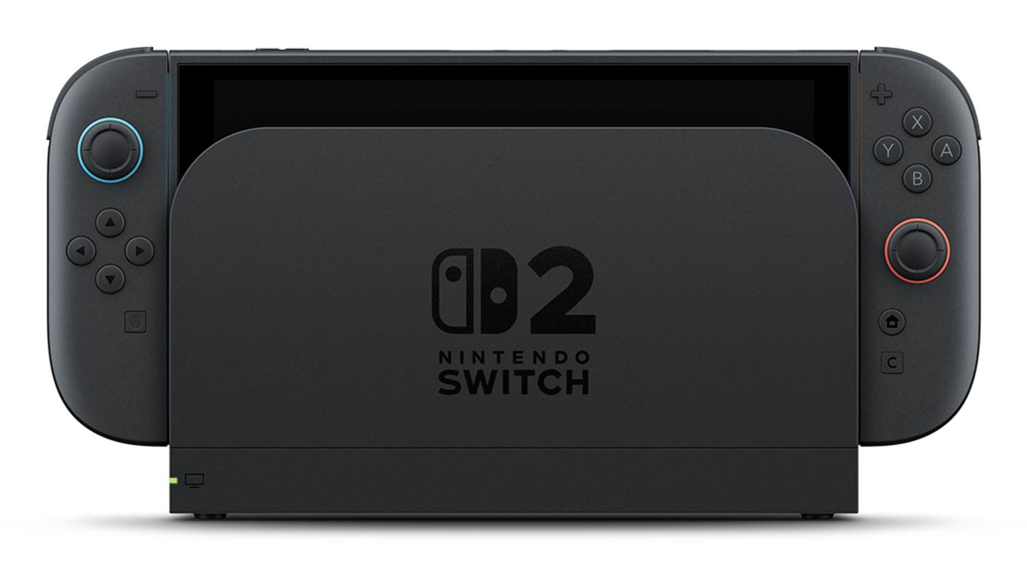 Siyah renkli bir Nintendo Switch 2 konsolu, çıkarılabilir kumandalarıyla yuvasında duruyor.