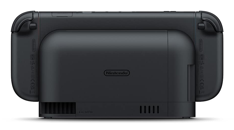 Şarj istasyonundaki siyah bir Nintendo Switch konsolunun arkası, Nintendo logosu ile.