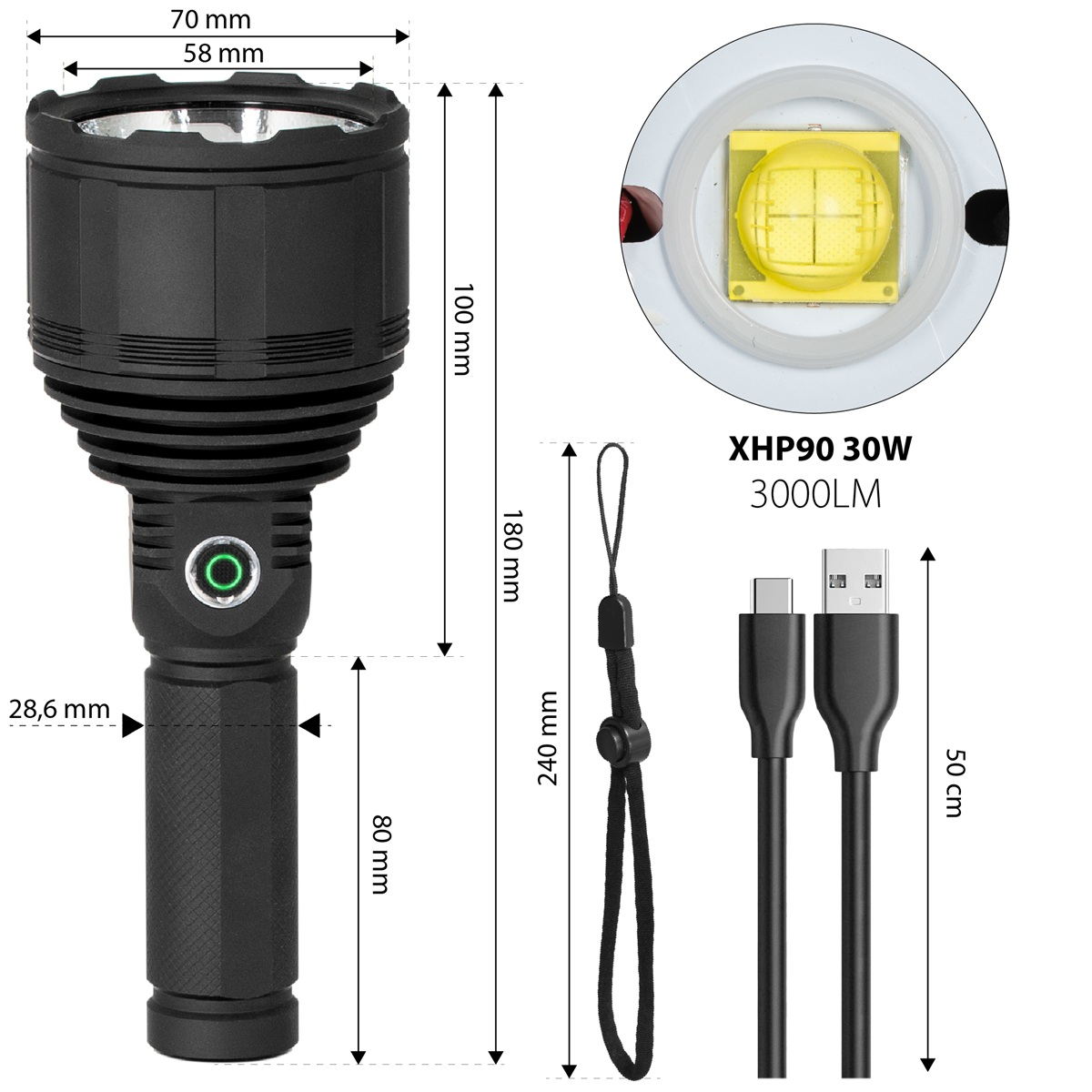 Rysunek techniczny czarnej latarki LED z wymiarami, zbliżeniem diody LED, paskiem na nadgarstek i kablem.