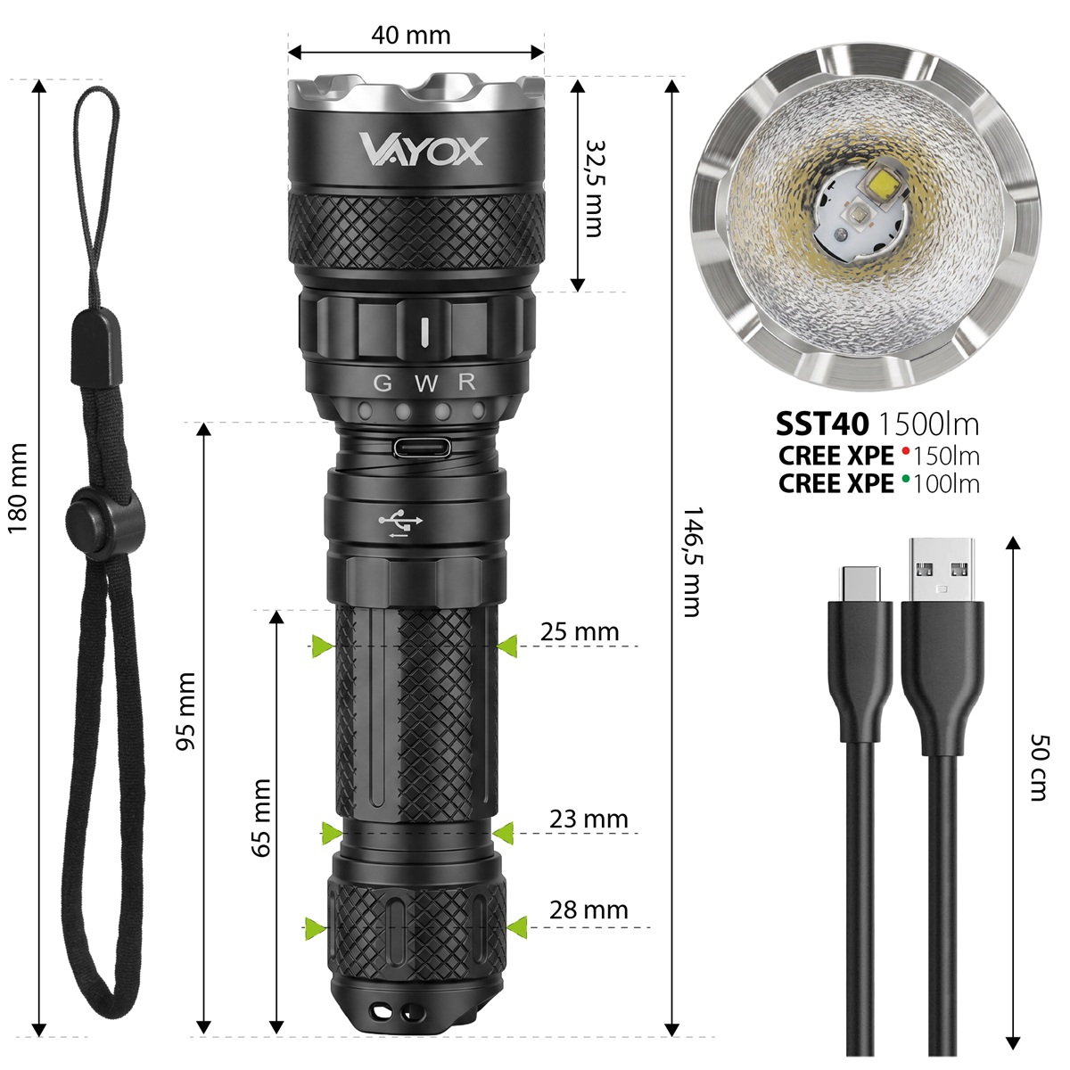 Schemat techniczny przedstawiający czarną latarkę Vayox, smycz, zbliżenie diody LED i kabel USB z wymiarami.