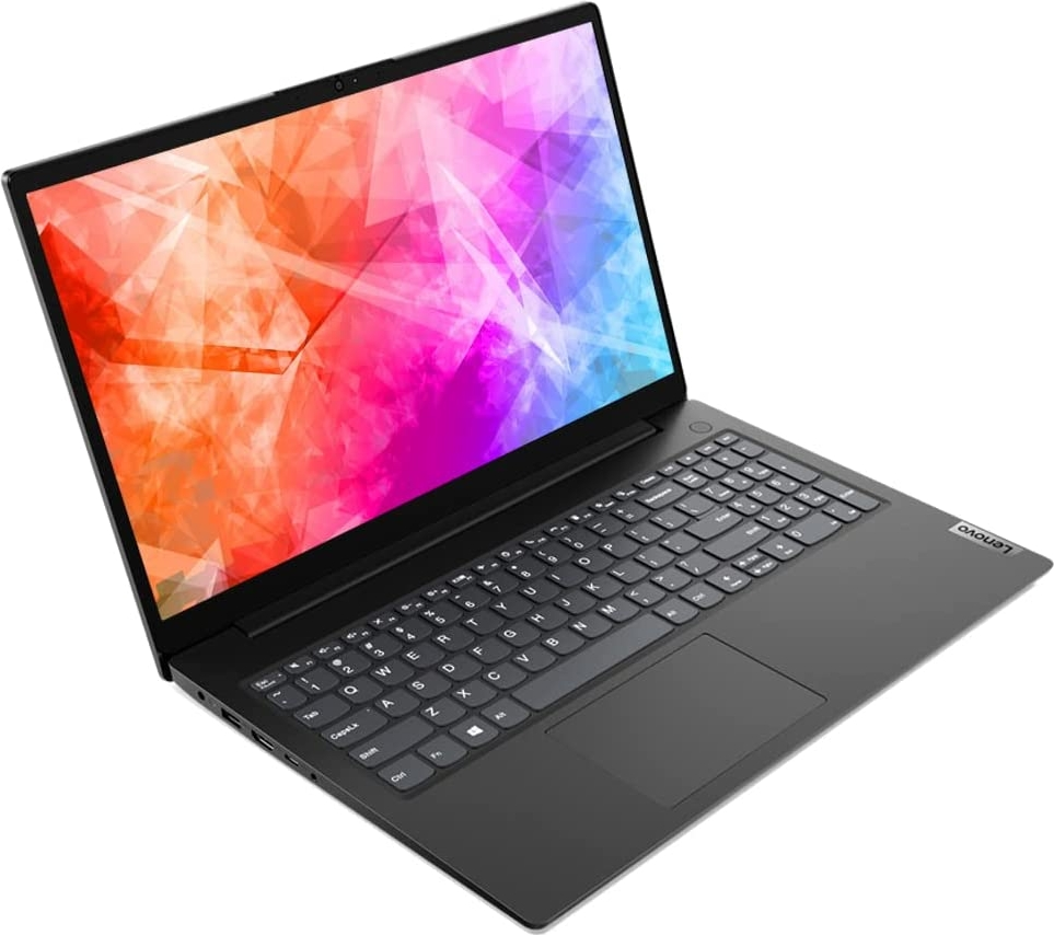 Renkli soyut arkaplanlı ve aydınlatmalı klavyeli siyah bir Lenovo dizüstü bilgisayar.