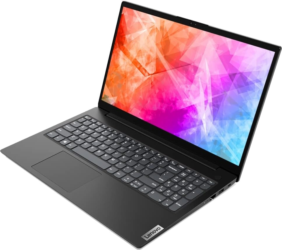 Düz beyaz bir arka plan üzerinde renkli geometrik ekranlı, açık gri bir Lenovo dizüstü bilgisayar.