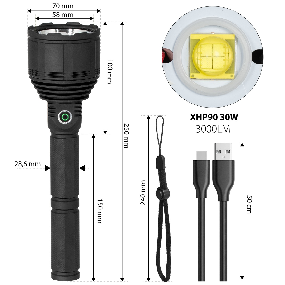 Fekete LED-es zseblámpa ábrája méretekkel, LED-közelivel, csuklópánttal és USB-kábellel.