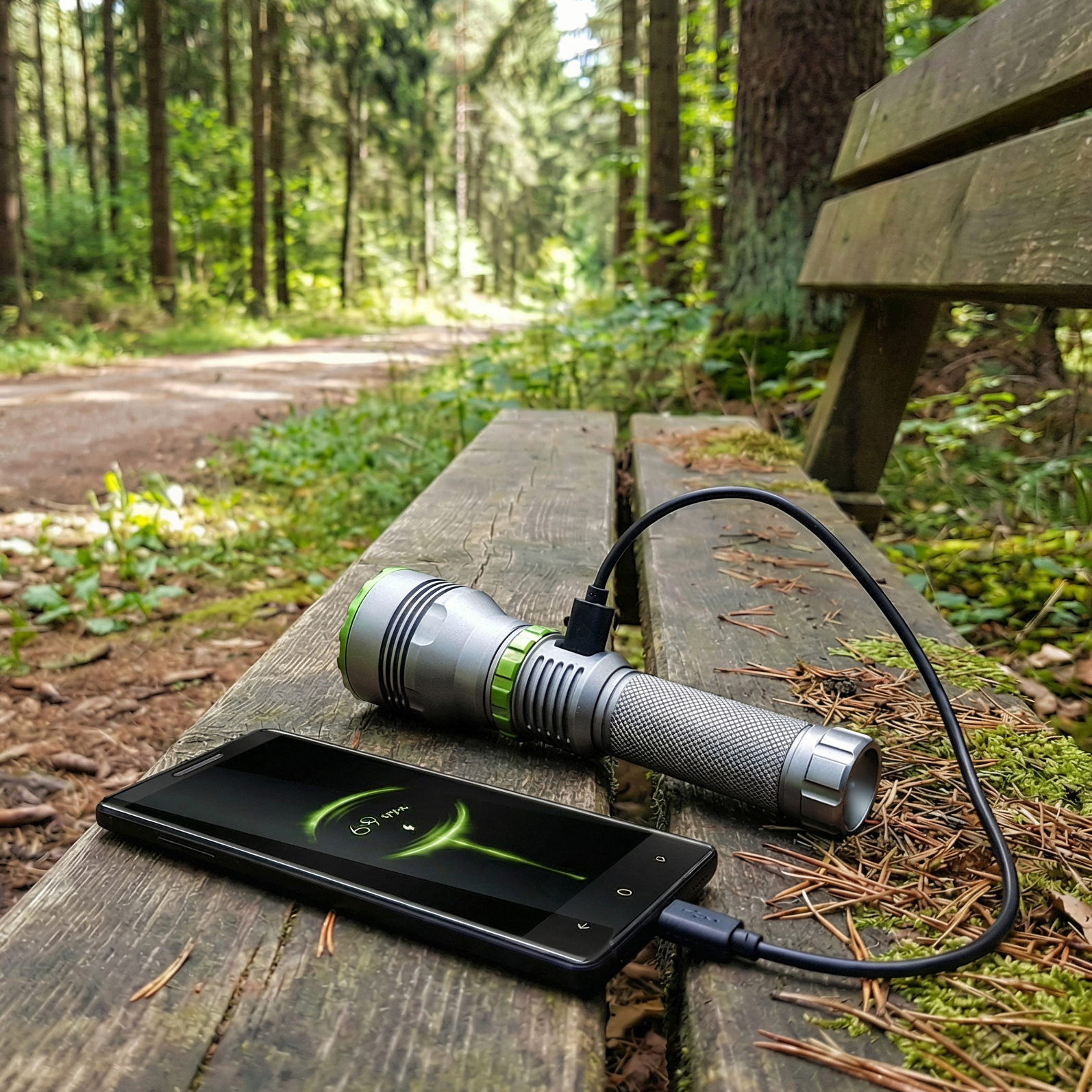 Latarka ładuje smartfon na drewnianej ławce w lesie.