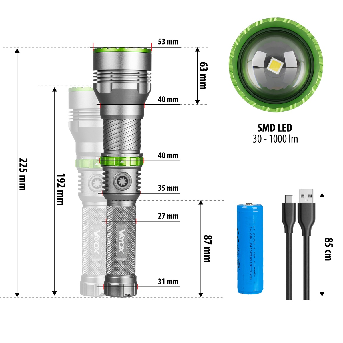 Rysunek techniczny latarki Vayox z wymiarami, diodą SMD LED, akumulatorem i kablem.