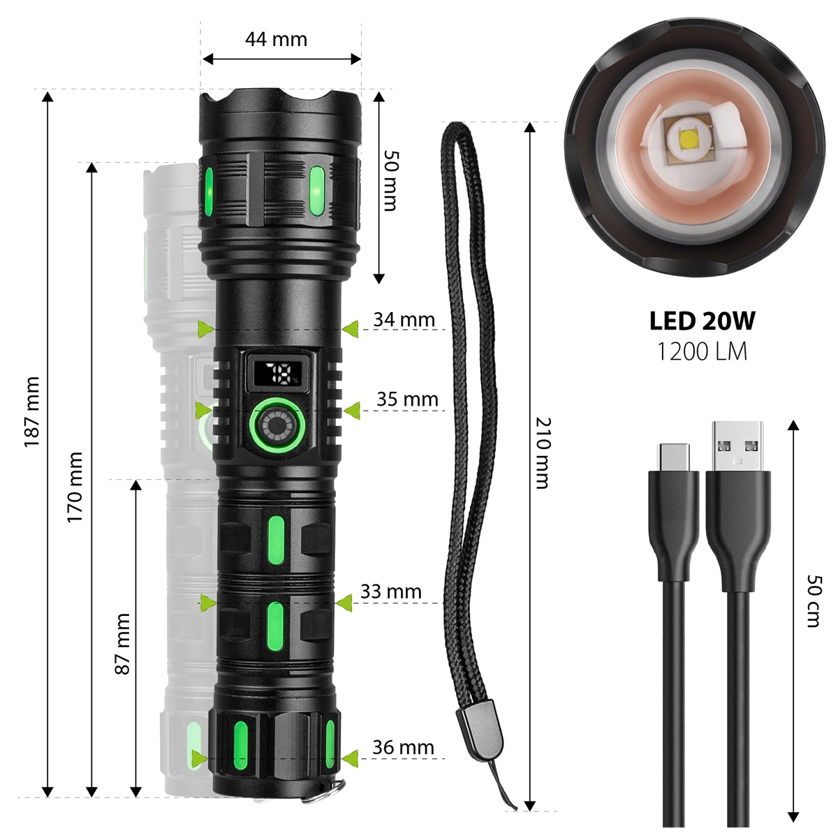 Rysunek techniczny czarnej latarki LED z wymiarami, smyczą, głowicą LED i kablem do ładowania.
