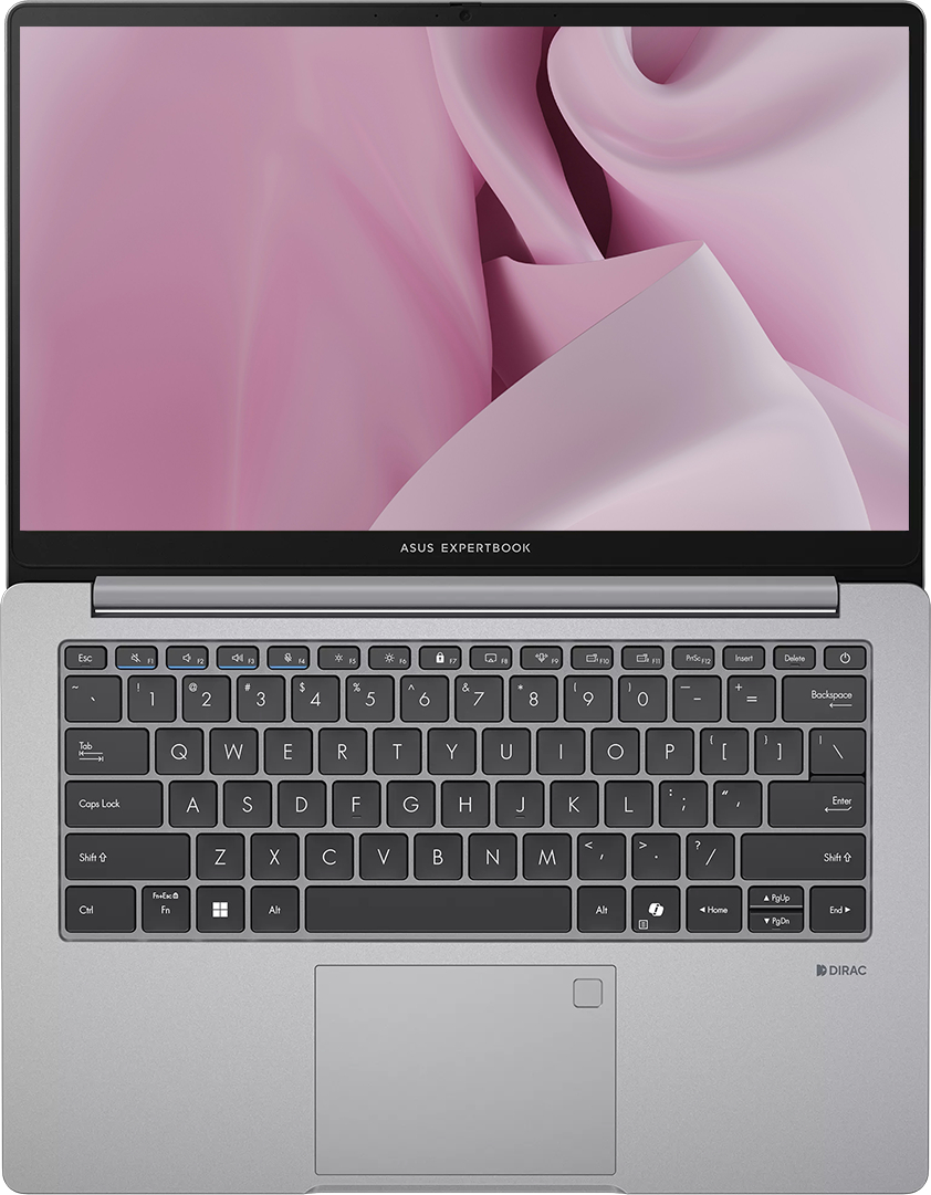 Gümüş renkli gövdeye, arkadan aydınlatmalı klavyeye ve pembe ekran arka planına sahip Asus ExpertBook dizüstü bilgisayar.
