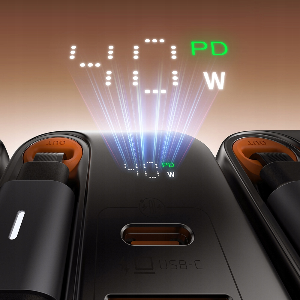 Pürüzsüz bir yüzeyde dijital 40W PD ekranlı ve USB-C bağlantı noktalı siyah bir şarj cihazı.