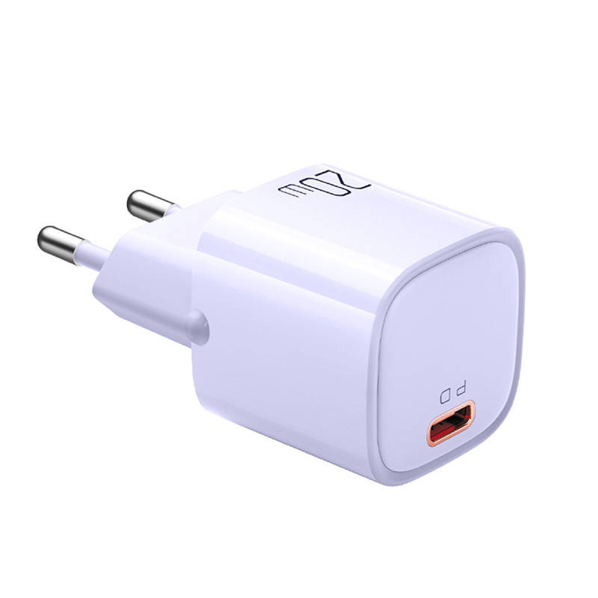 Beyaz arka planda Avrupa fişli beyaz 20W USB-C hızlı şarj cihazı.