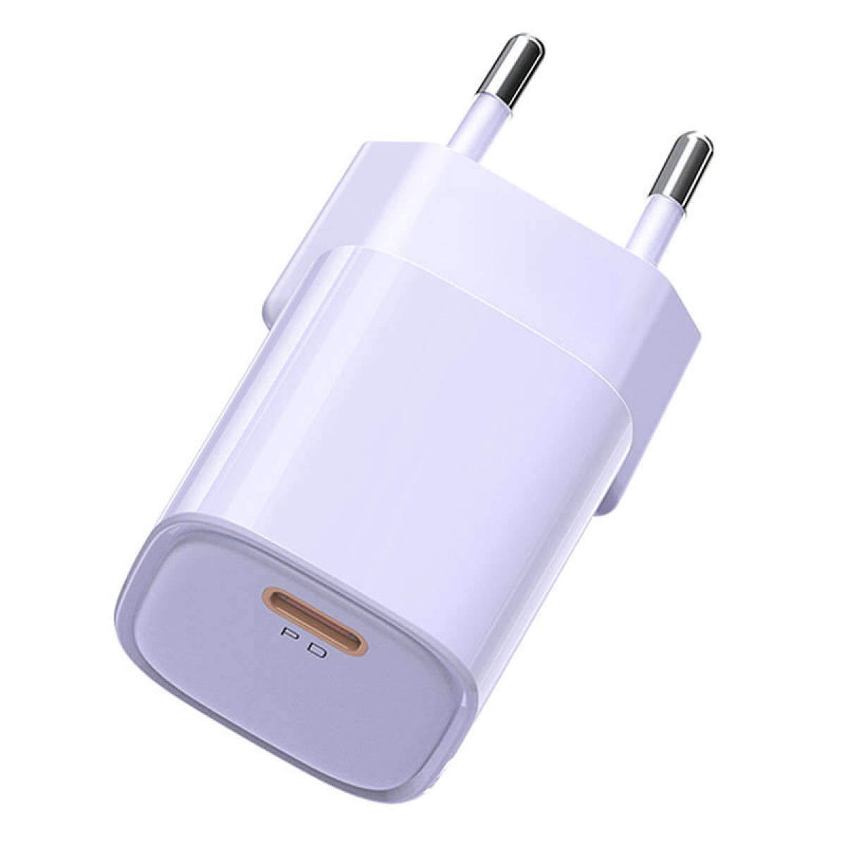 AB fişli ve PD etiketli beyaz bir USB-C duvar şarj cihazı.