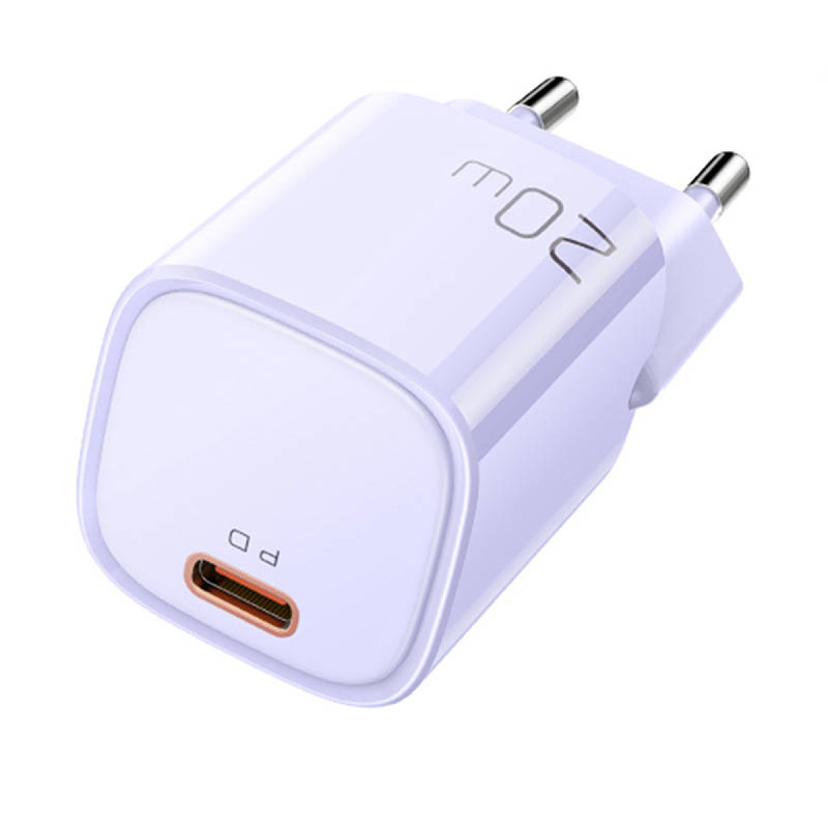 Beyaz arkaplan üzerinde açık mor renkli 20W USB-C duvar şarj cihazı.