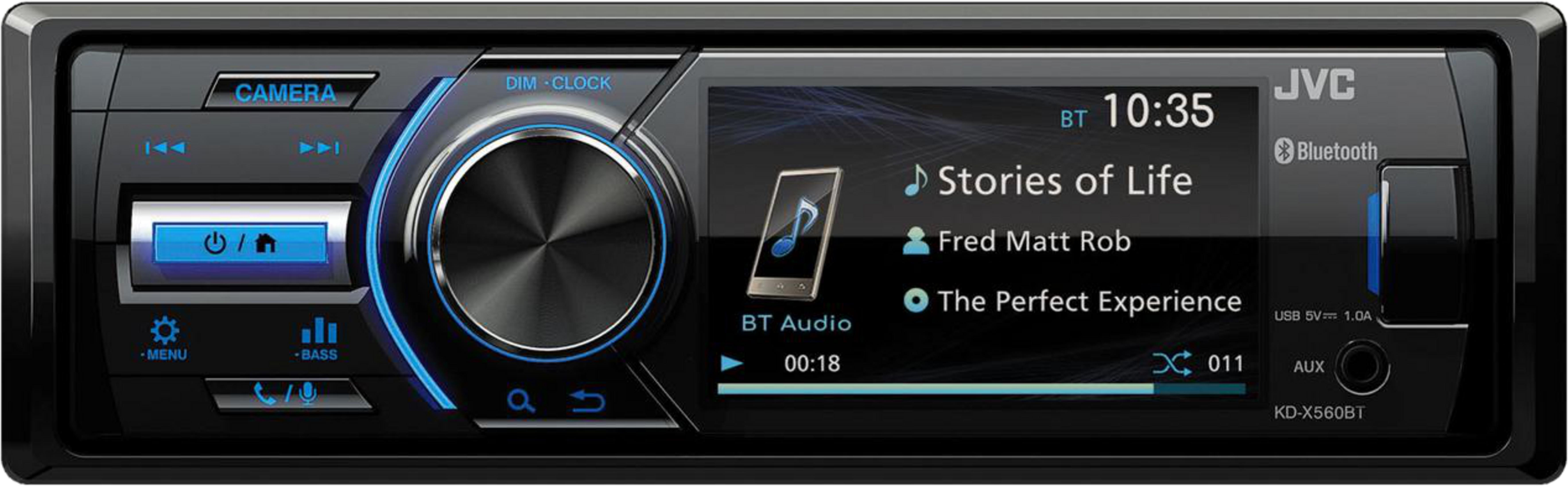 Autoradio JVC con display a colore, manopola del volume e riproduzione audio Bluetooth.