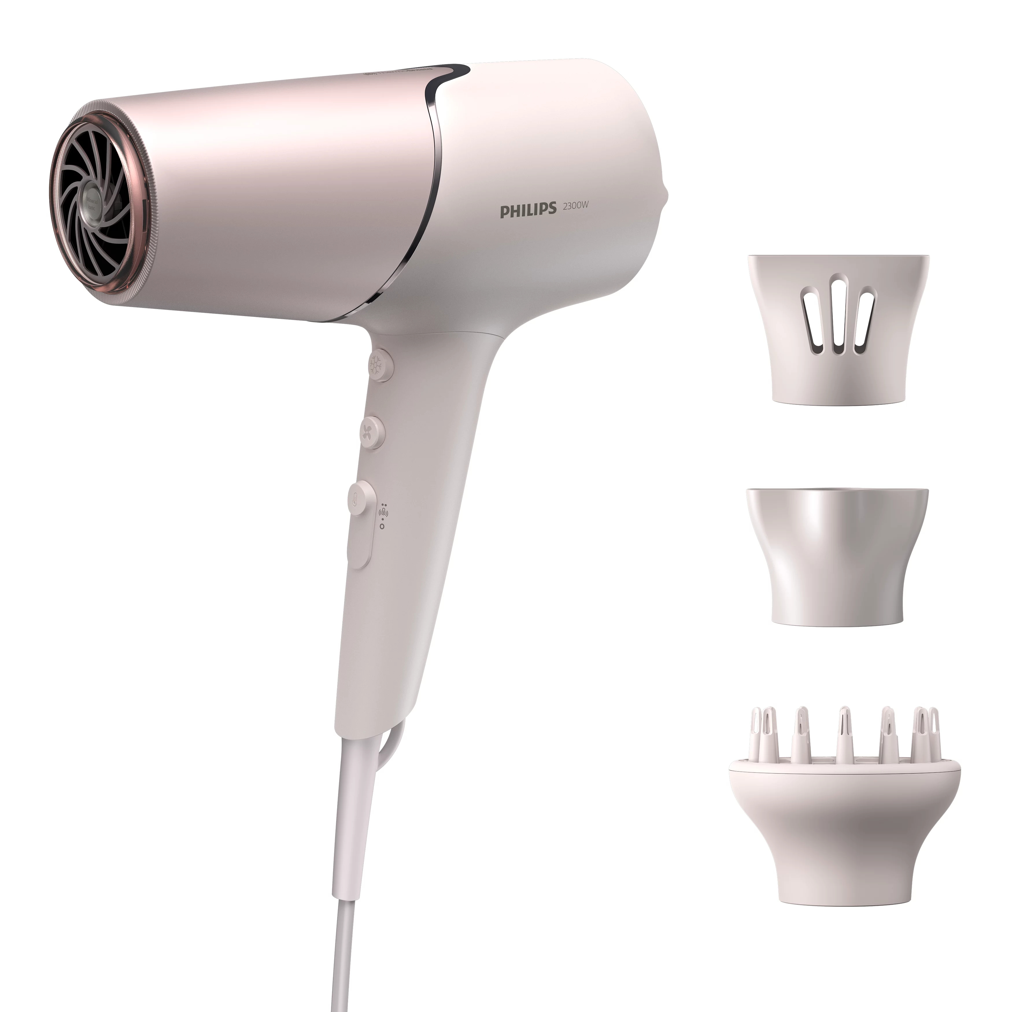 Un asciugacapelli Philips 2300W rosa con tre diversi accessori su sfondo bianco.