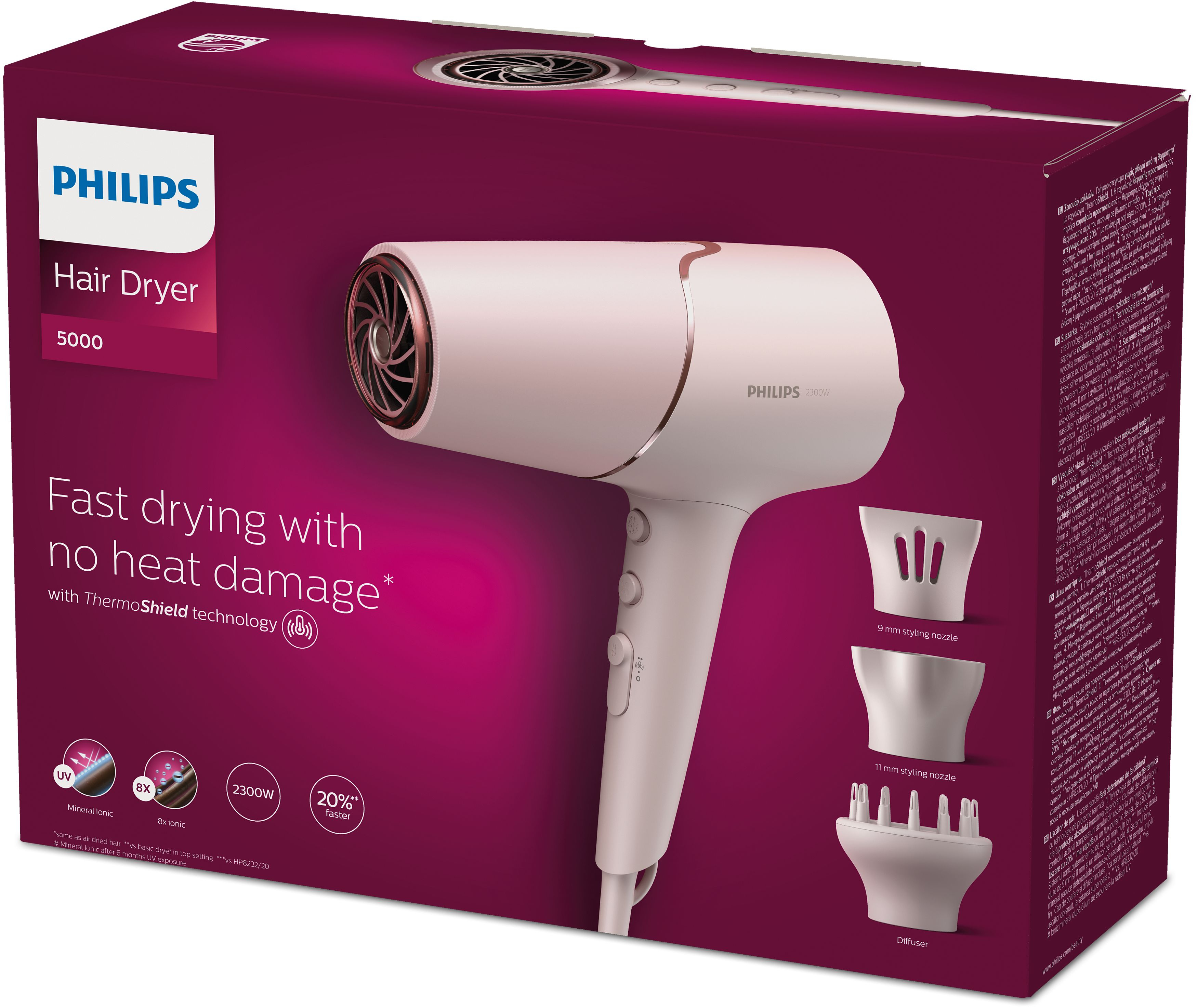 Un asciugacapelli Philips rosa e oro rosa in una scatola viola.