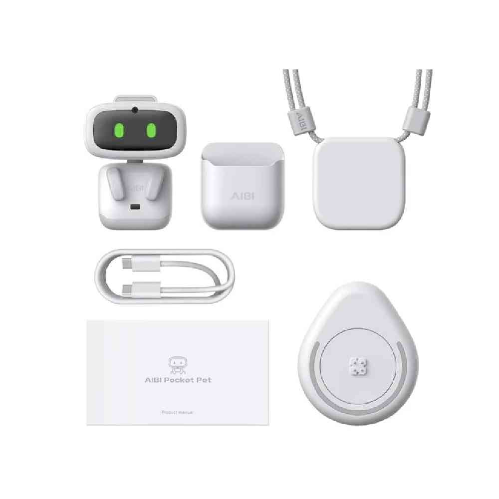 Beyaz arka planda aksesuarları, şarj kutusu, kordonu, kablosu ve kılavuzu ile beyaz AIBI Pocket Pet robot cihazı.