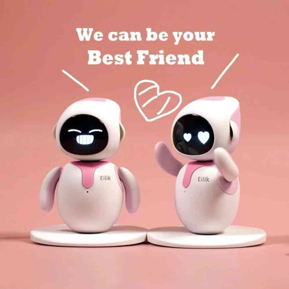 Pembe arka planda yuvarlak tabanlar üzerinde duran iki beyaz Eilik robotu, We can be your Best Friend yazısı ile.