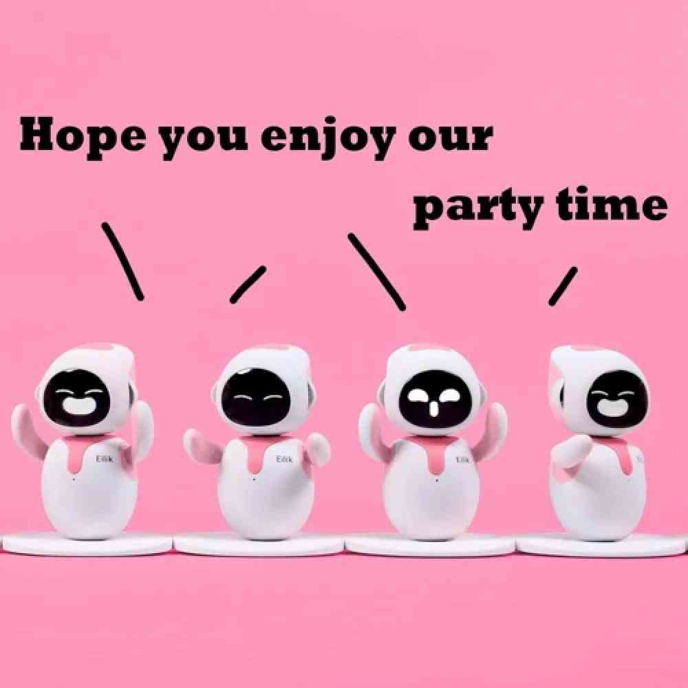 Pembe arka planda farklı ifadelerle dört beyaz robot ve "Hope you enjoy our party time" yazısı.