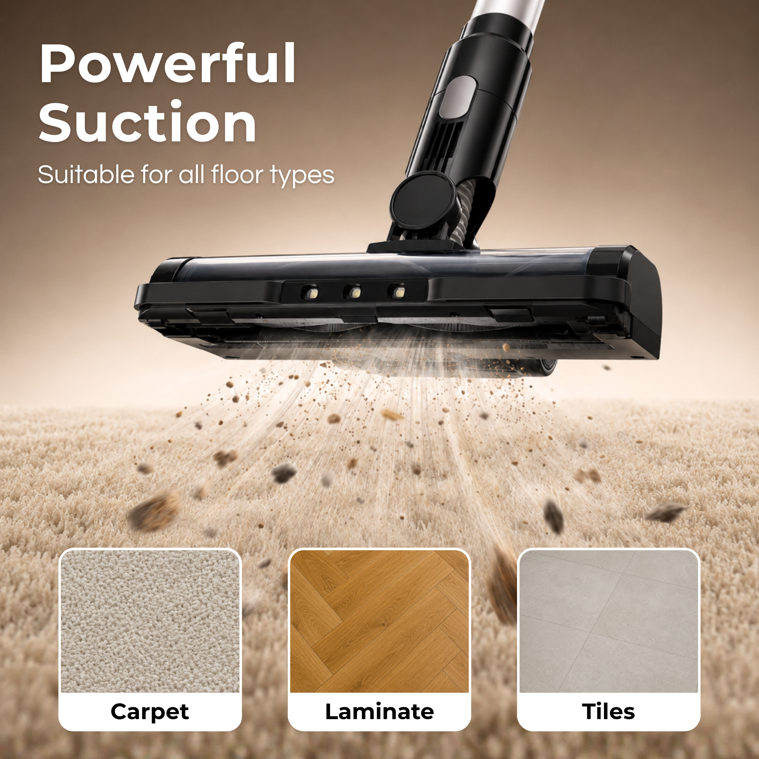 Un aspirateur aspire la saleté de tapis, stratifié et carrelage. Texte: Aspiration puissante.