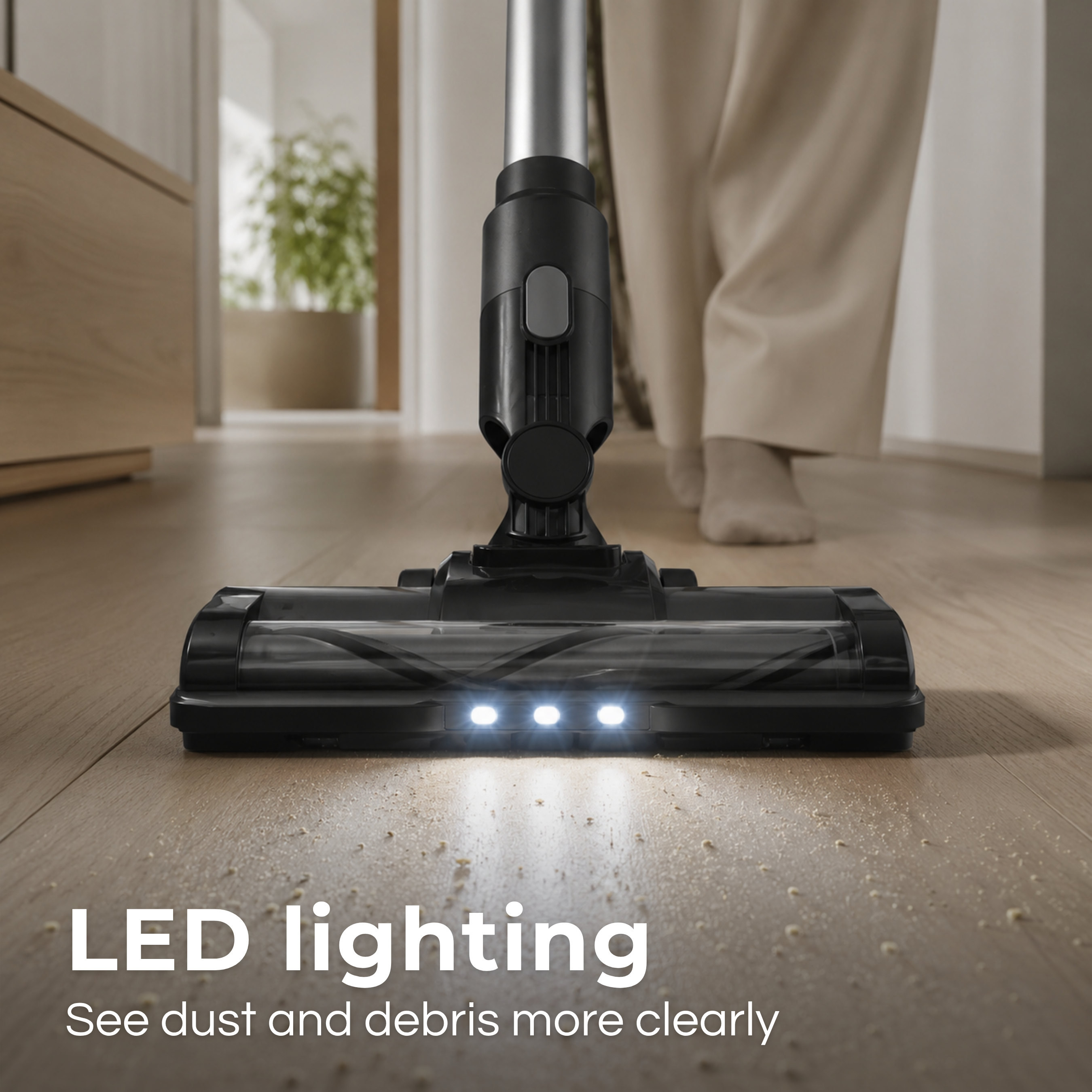 Un aspirateur à éclairage LED illumine la poussière sur un sol en bois.