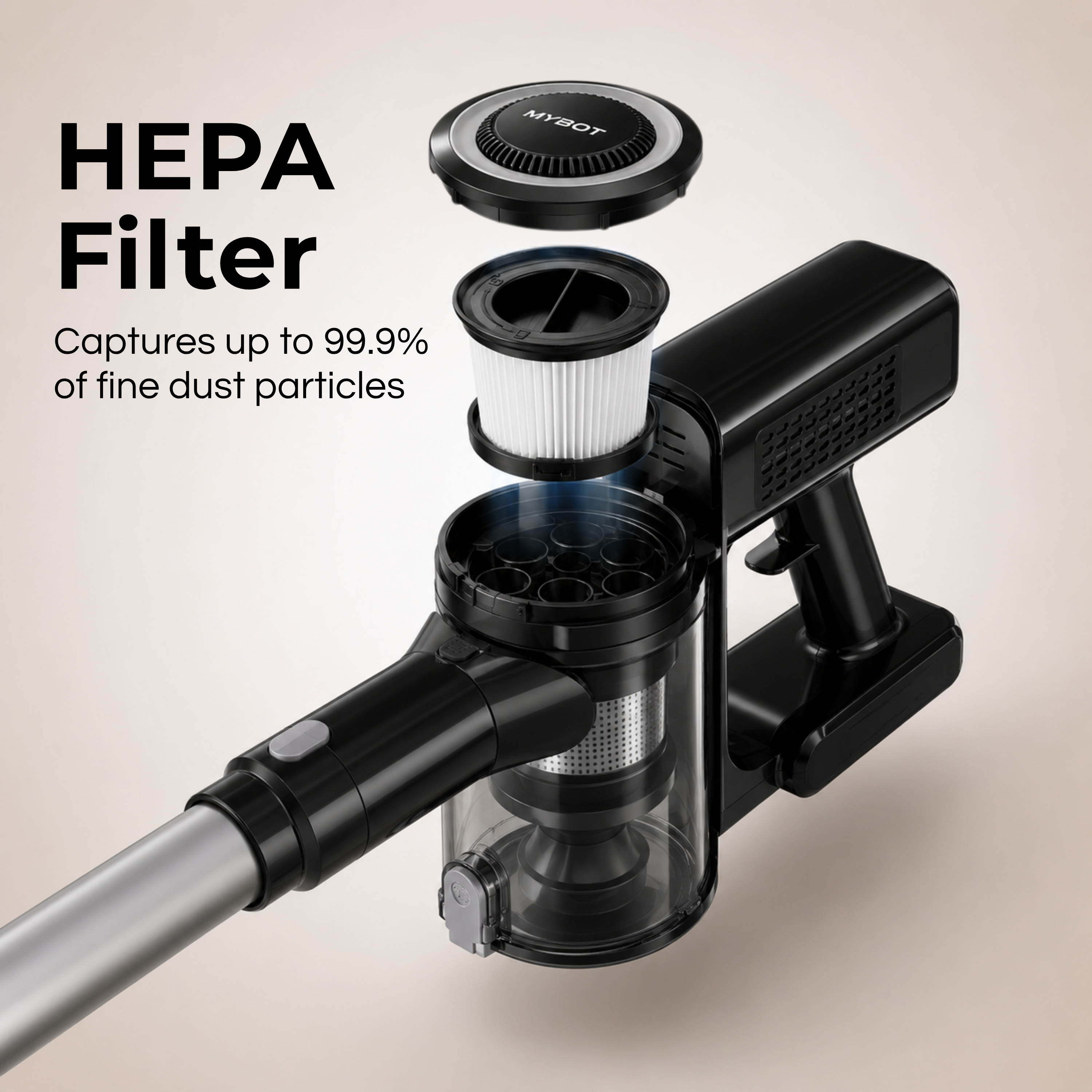 Vue éclatée d'un aspirateur sans fil noir montrant son filtre HEPA, capturant les fines particules.