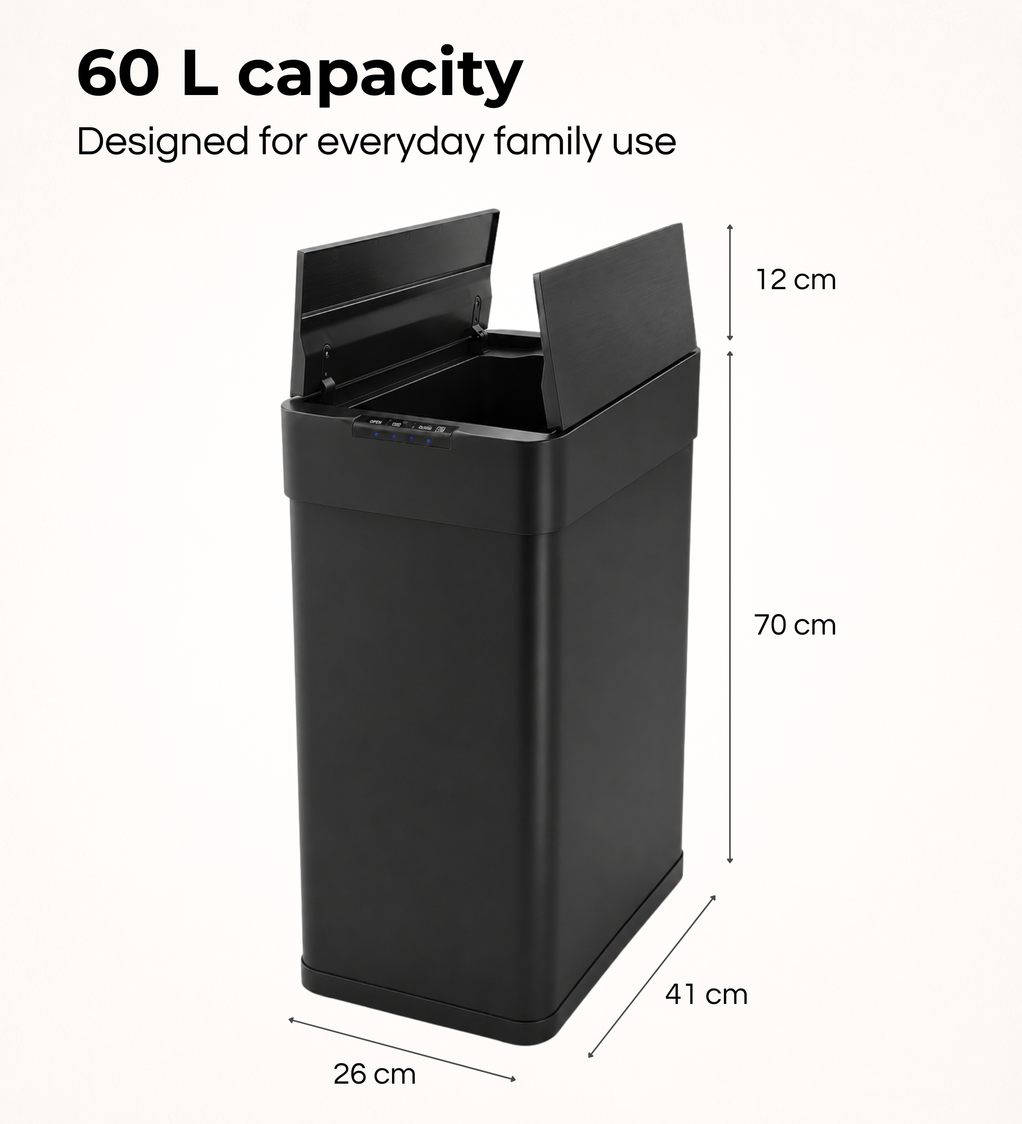 Pattumiera nera da 60L con coperchi doppi aperti e dimensioni.